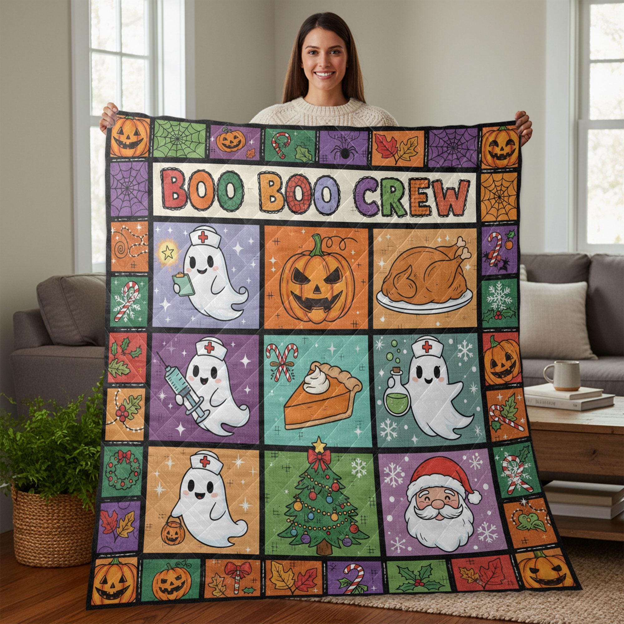 Halloween Quilt Blanket – Ghost Nurse Patchwork, “Boo Boo Crew” Print, Throw