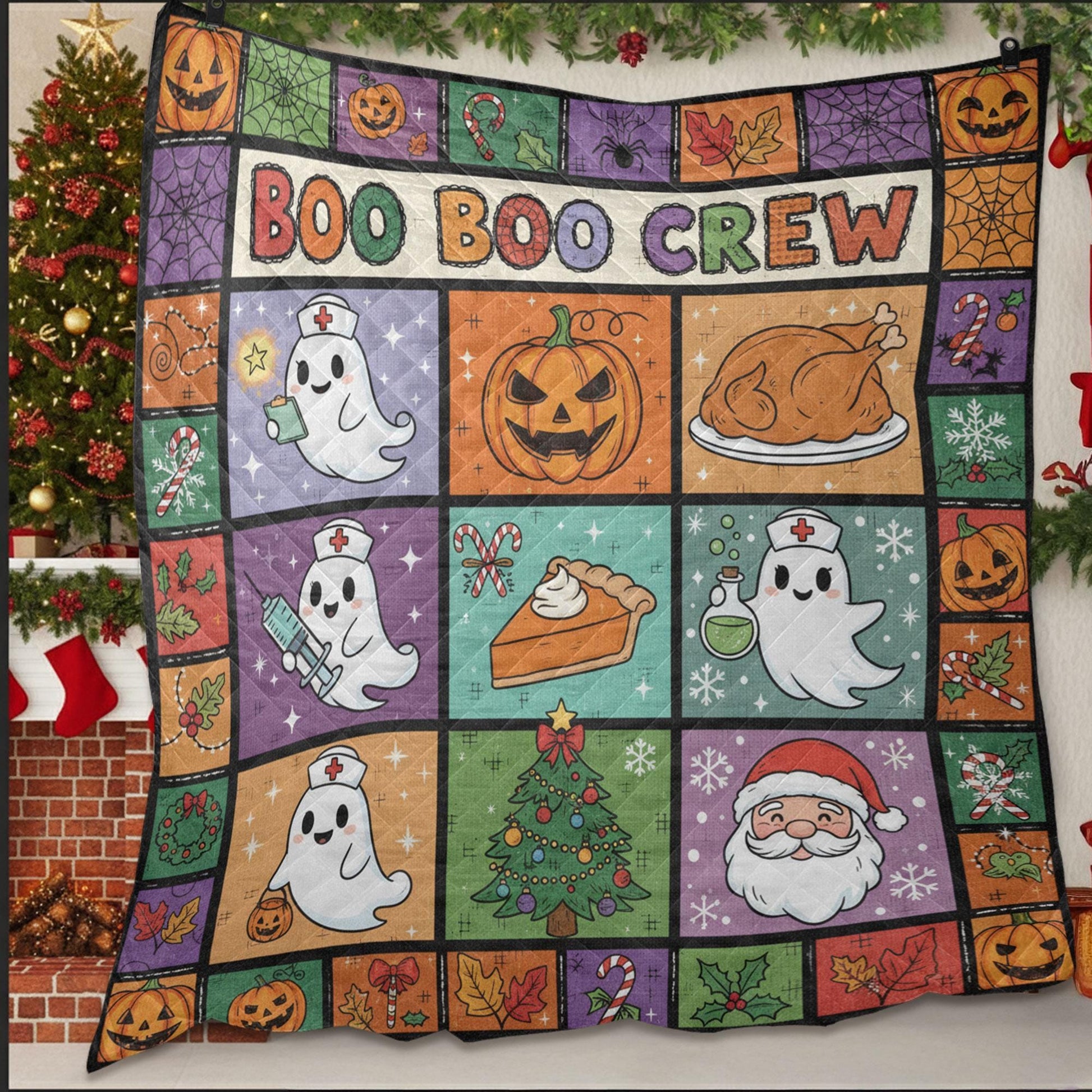 Halloween Quilt Blanket – Ghost Nurse Patchwork, “Boo Boo Crew” Print, Throw