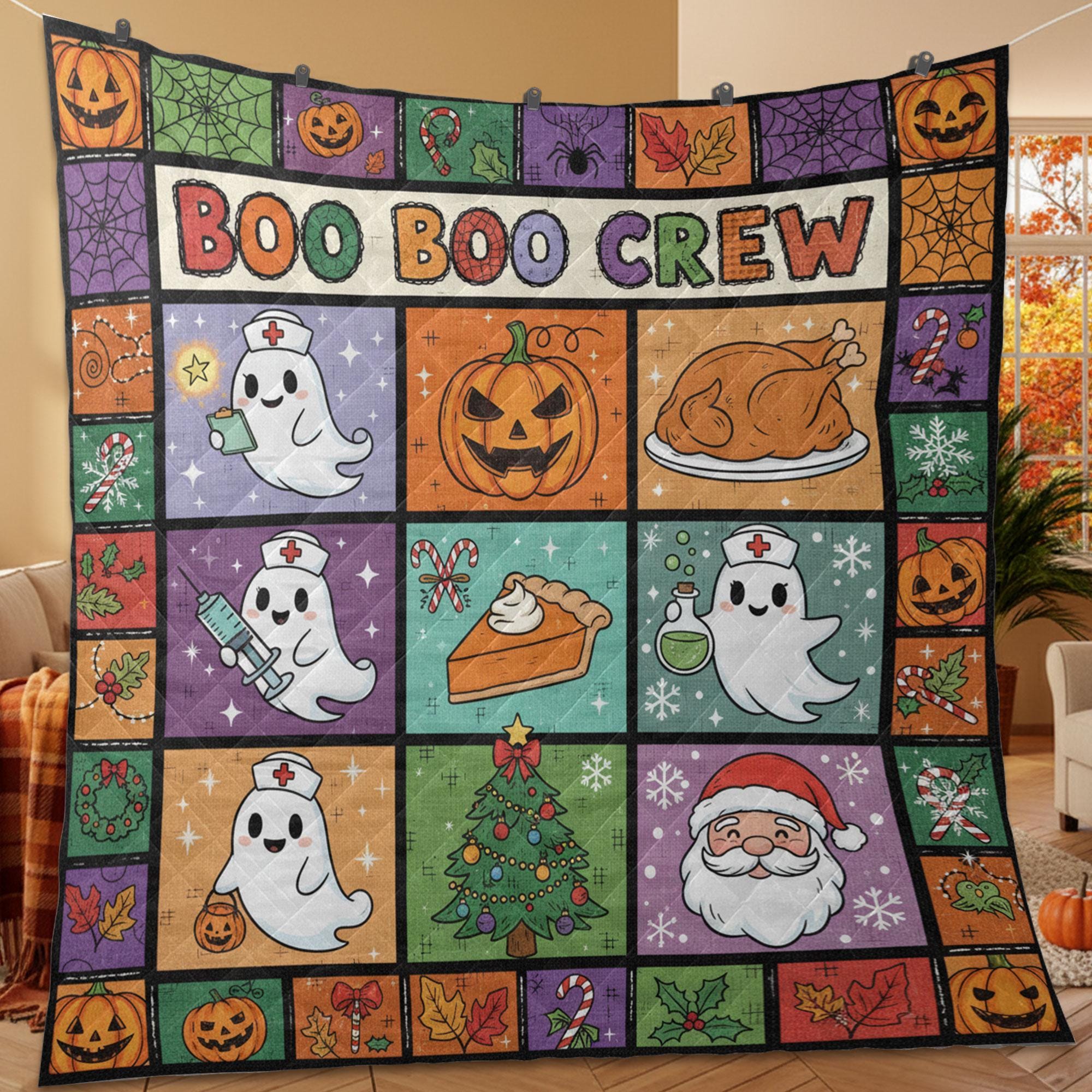 Halloween Quilt Blanket – Ghost Nurse Patchwork, “Boo Boo Crew” Print, Throw