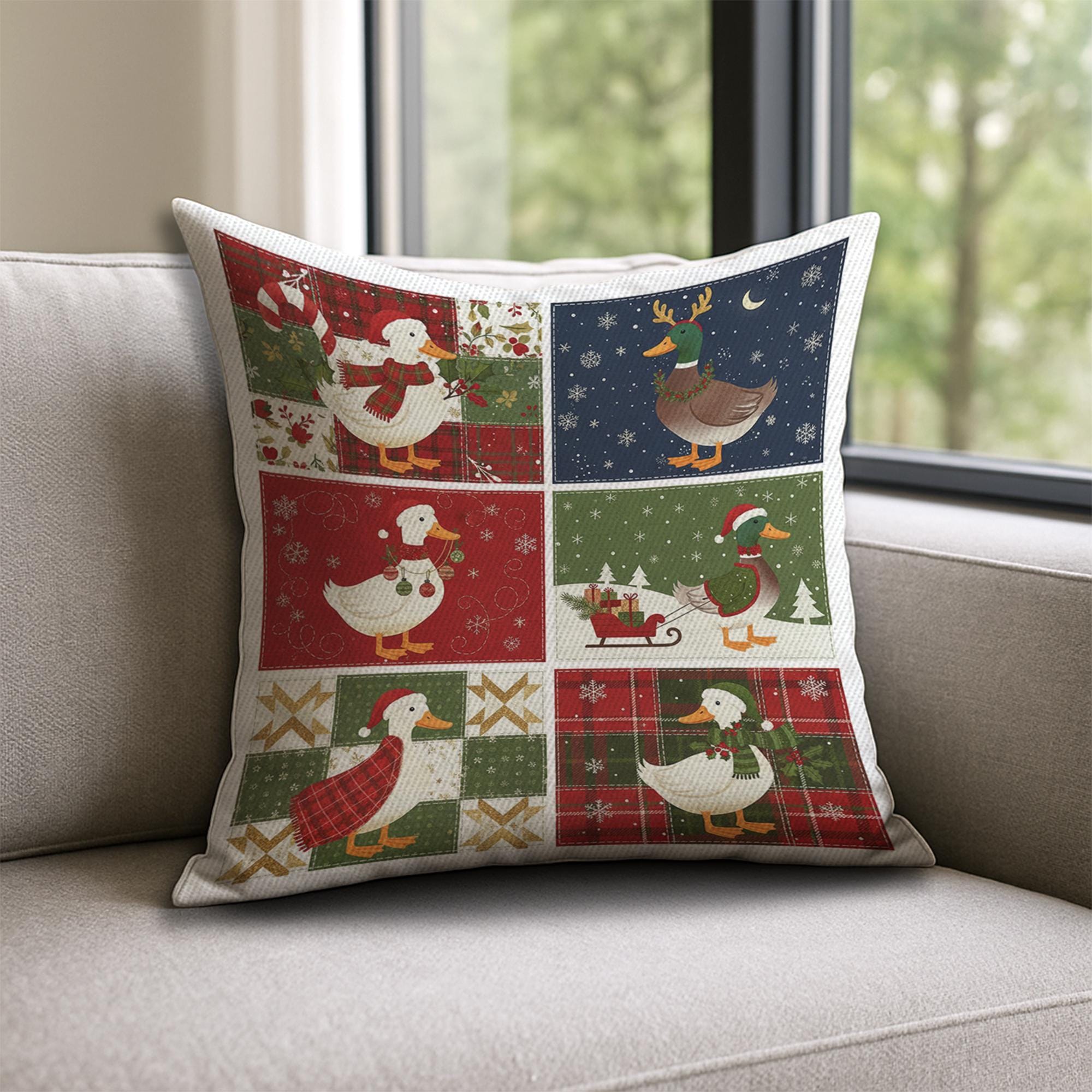Christmas Duck Pillow – Farmhouse Holiday Cushion with Festive Winter Duck Design