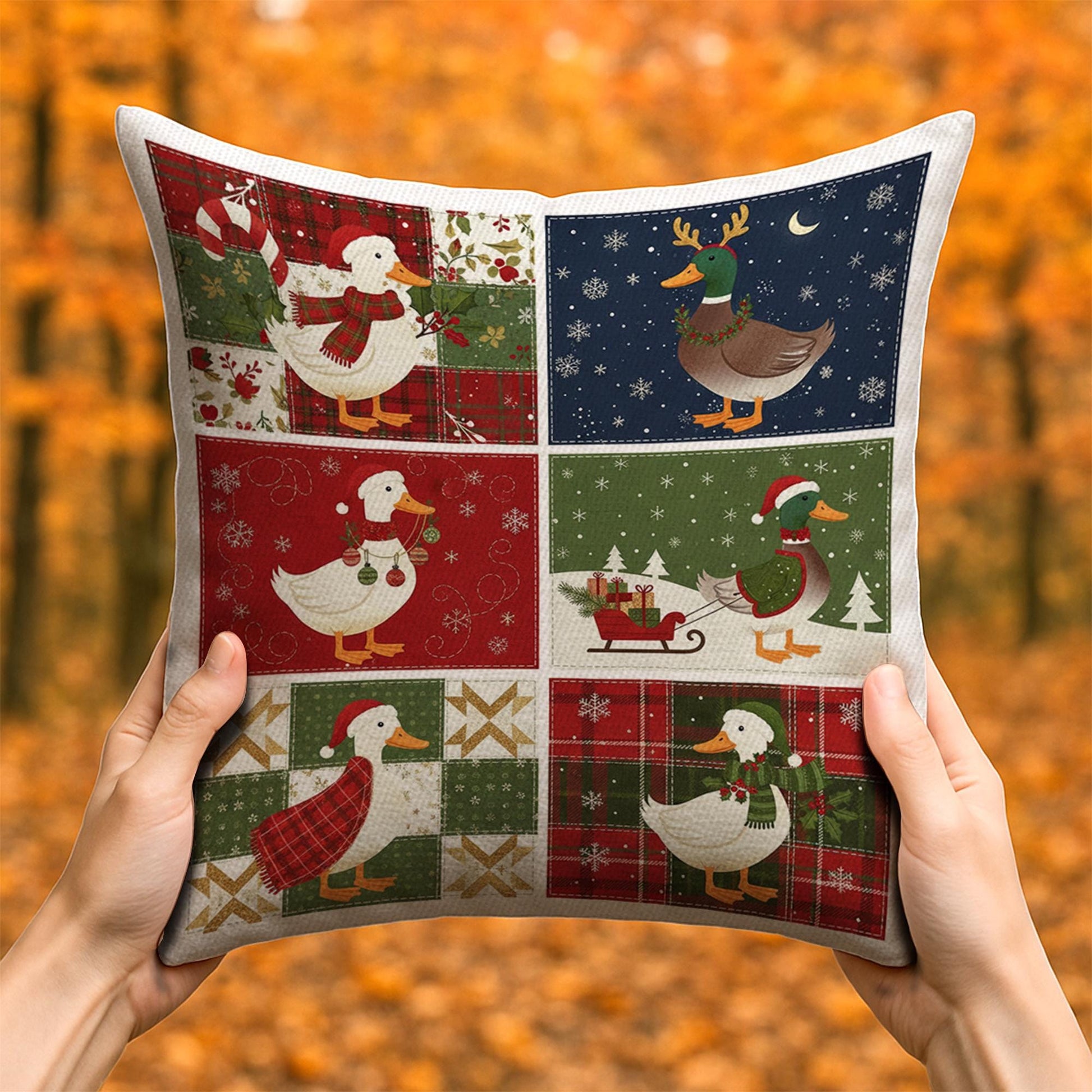 Christmas Duck Pillow – Farmhouse Holiday Cushion with Festive Winter Duck Design
