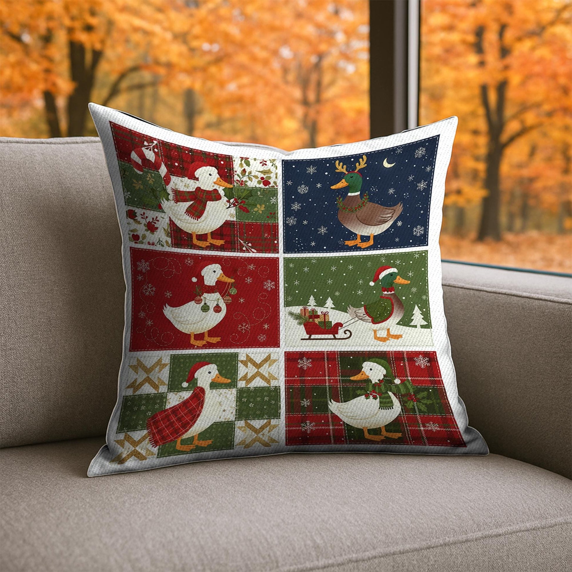 Christmas Duck Pillow – Farmhouse Holiday Cushion with Festive Winter Duck Design