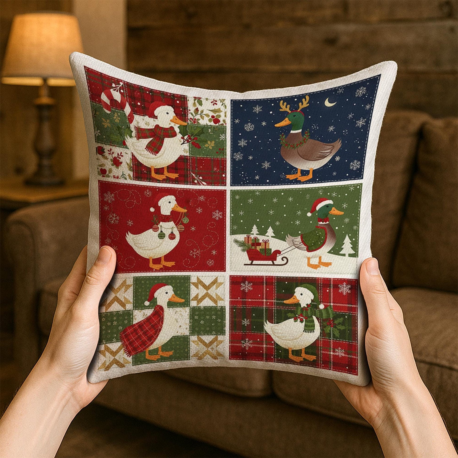 Christmas Duck Pillow – Farmhouse Holiday Cushion with Festive Winter Duck Design