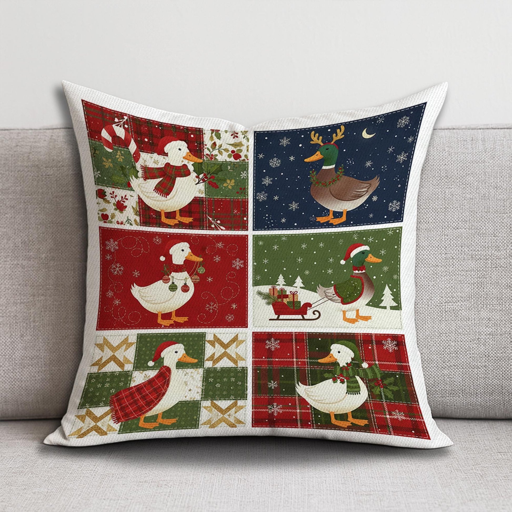 Christmas Duck Pillow – Farmhouse Holiday Cushion with Festive Winter Duck Design