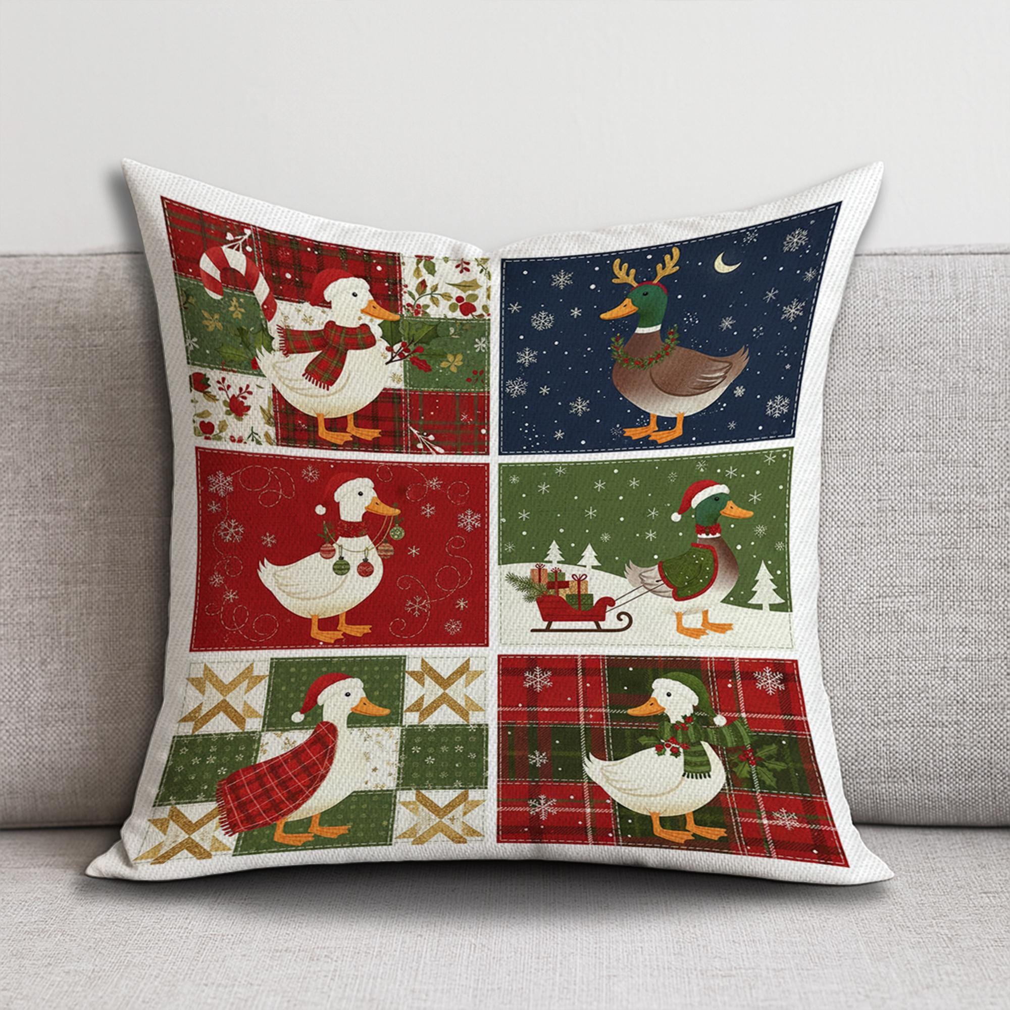 Christmas Duck Pillow – Farmhouse Holiday Cushion with Festive Winter Duck Design