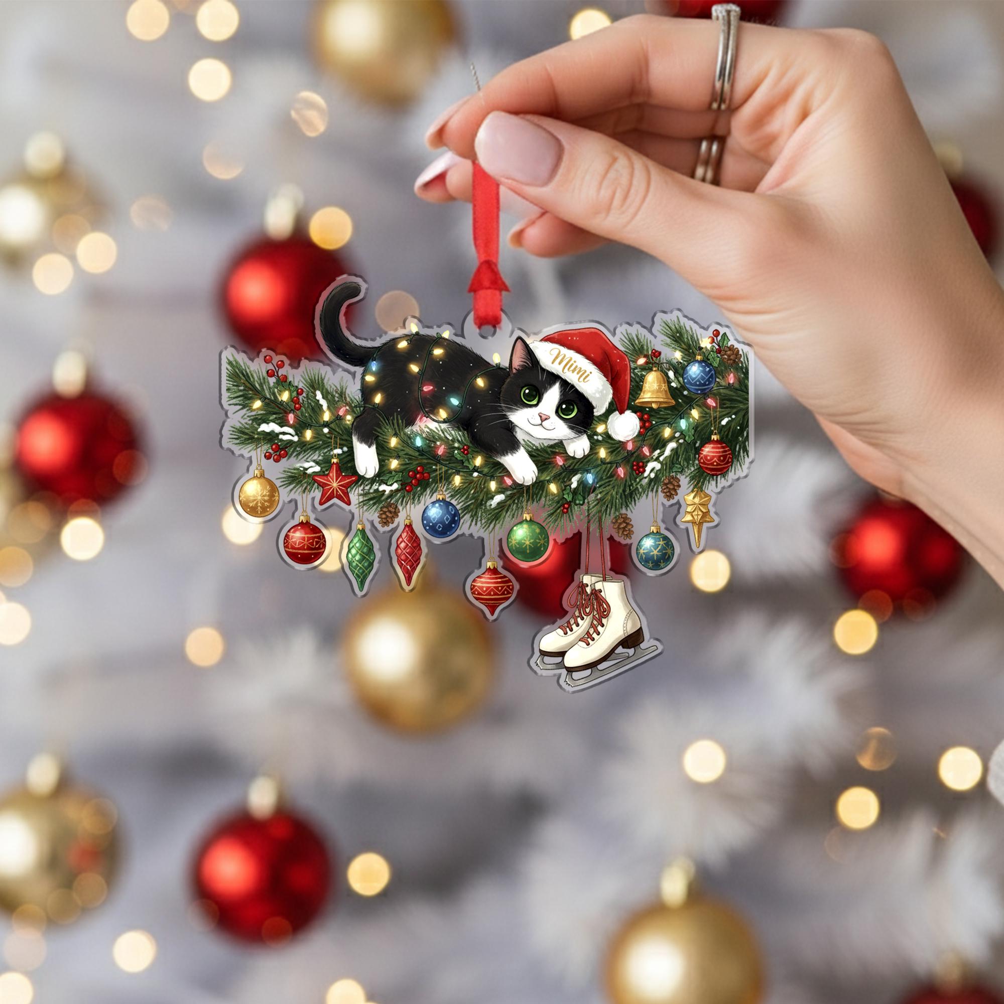Personalized Cat Christmas Ornament: Santa Hat, Lights Tree