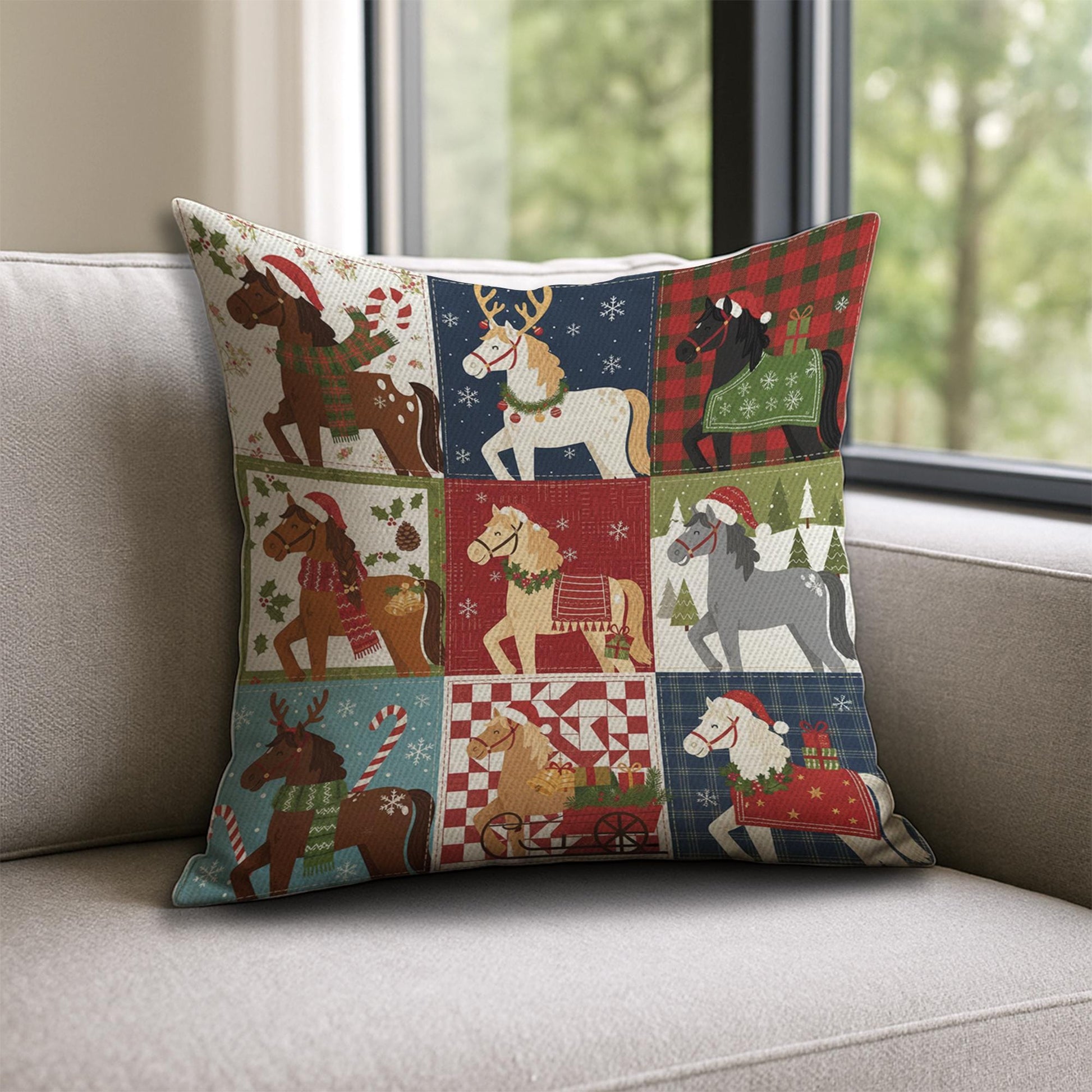 Christmas Horse Pillow – Farmhouse Holiday Cushion with Festive Winter Horse Design