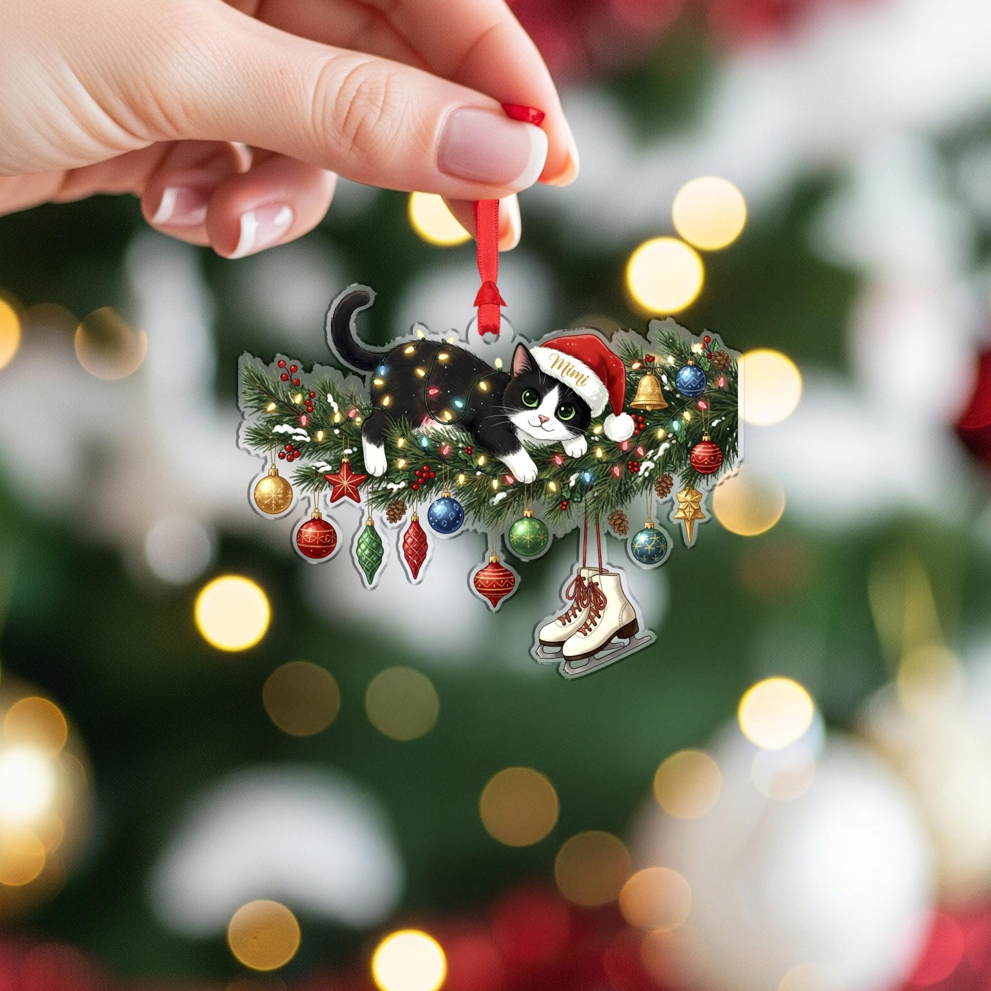 Personalized Cat Christmas Ornament: Santa Hat, Lights Tree