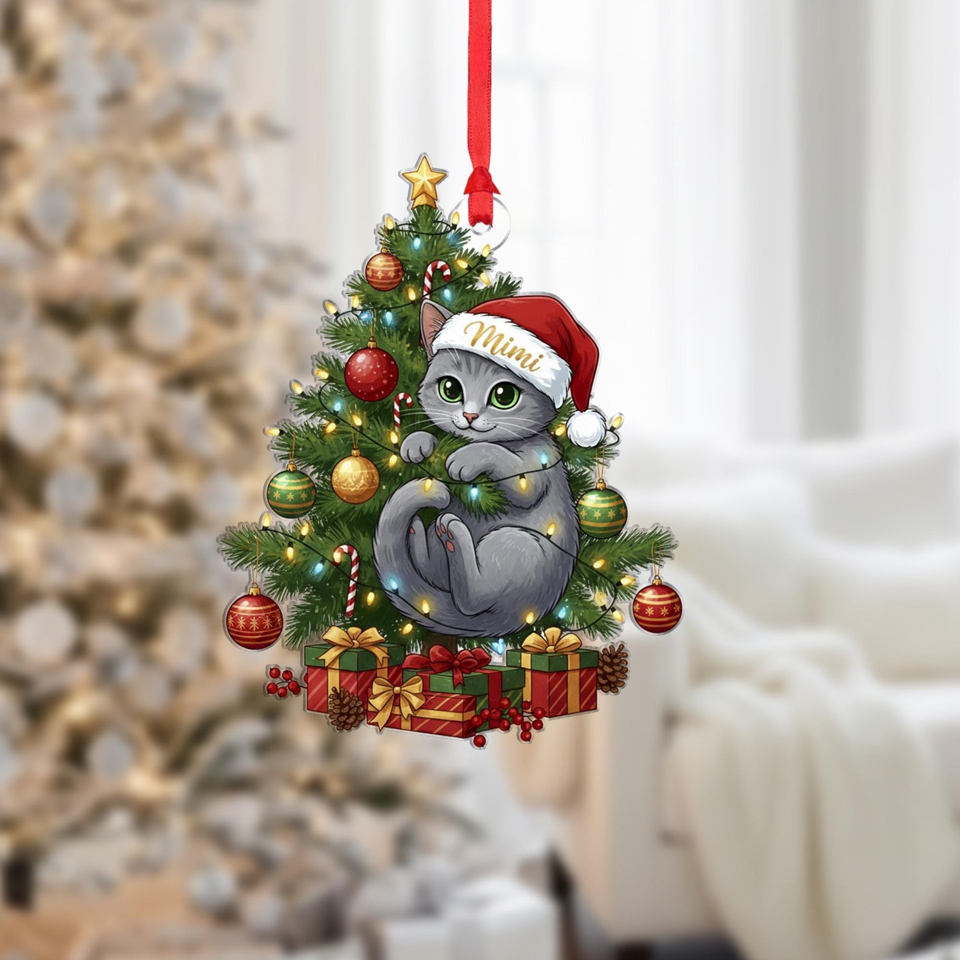 Personalized Cat Christmas Ornament: Santa Hat, Eco-Friendly Wood