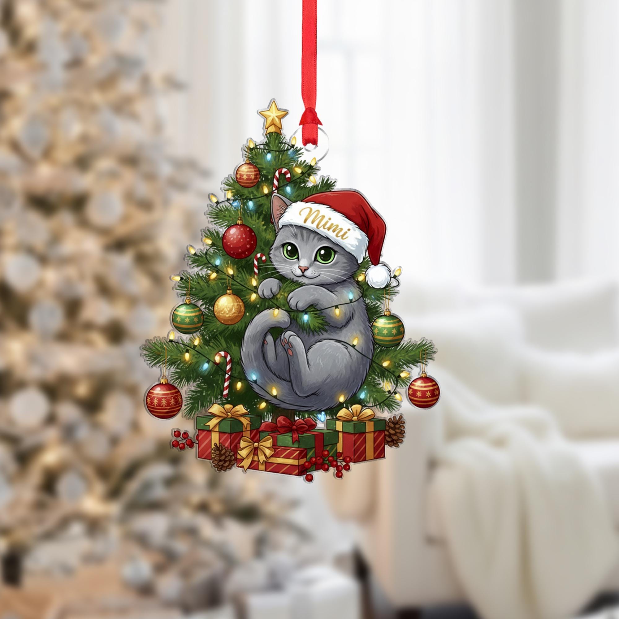 Personalized Cat Christmas Ornament: Santa Hat, Eco-Friendly Wood