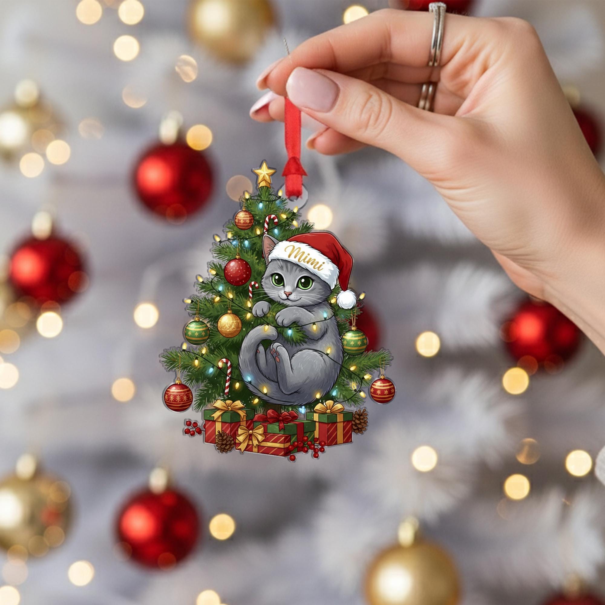 Personalized Cat Christmas Ornament: Santa Hat, Eco-Friendly Wood