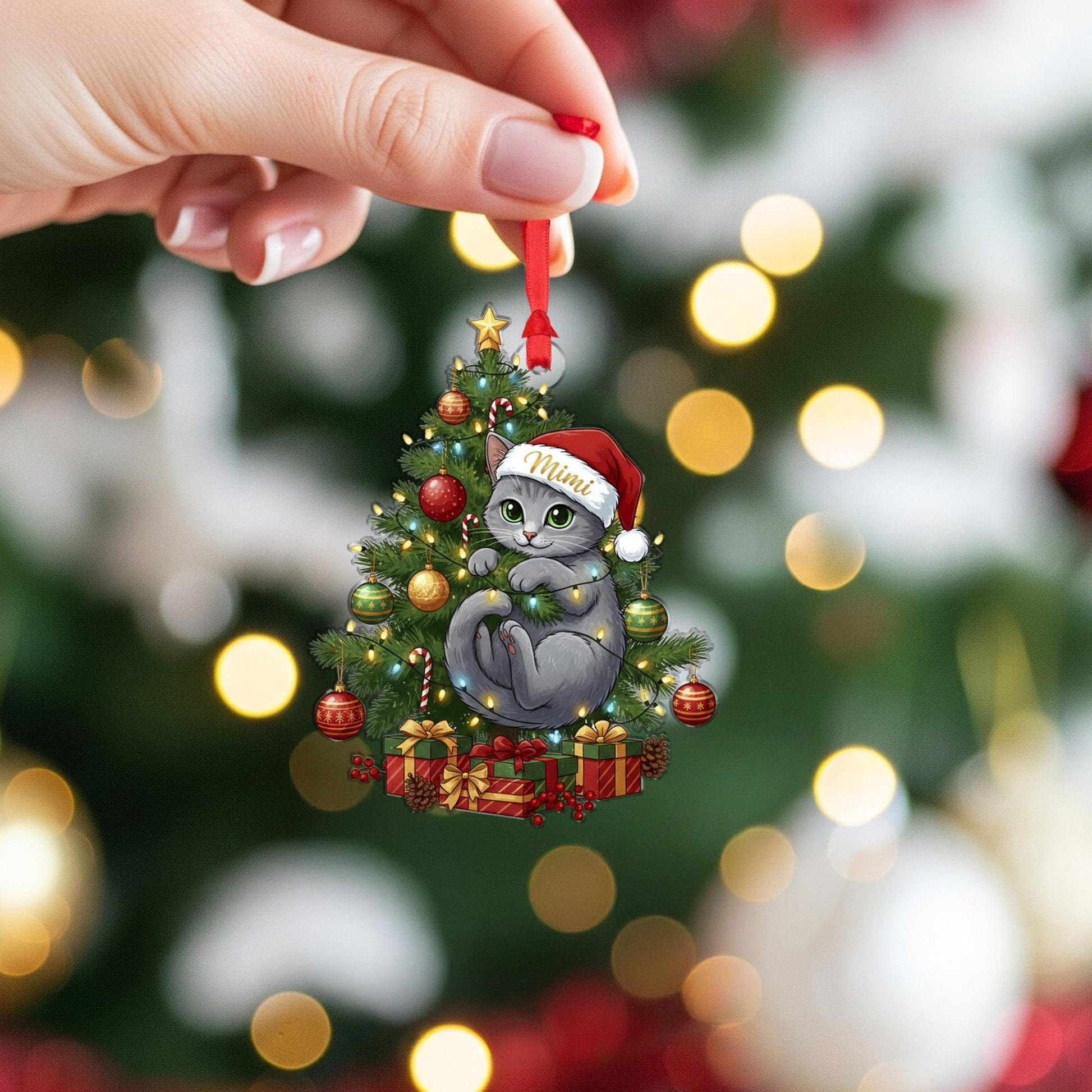 Personalized Cat Christmas Ornament: Santa Hat, Eco-Friendly Wood
