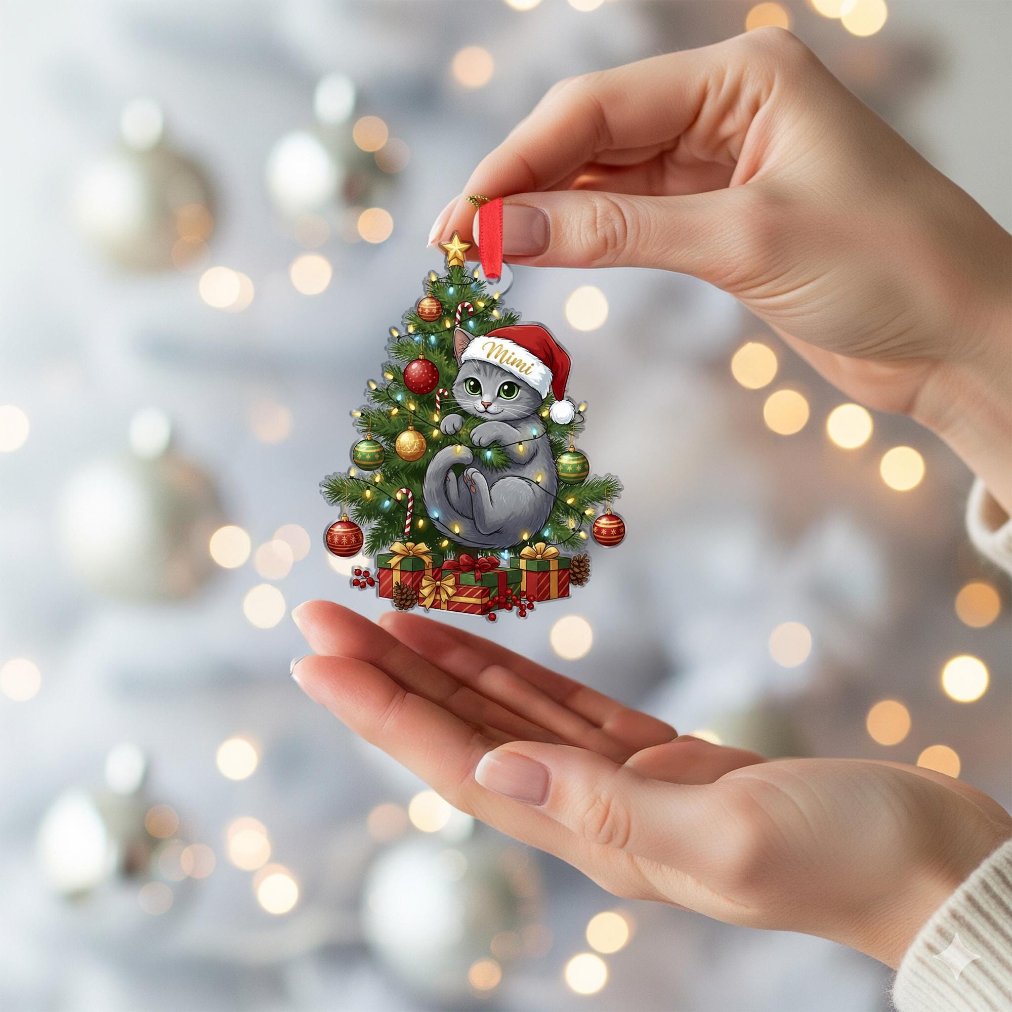 Personalized Cat Christmas Ornament: Santa Hat, Eco-Friendly Wood