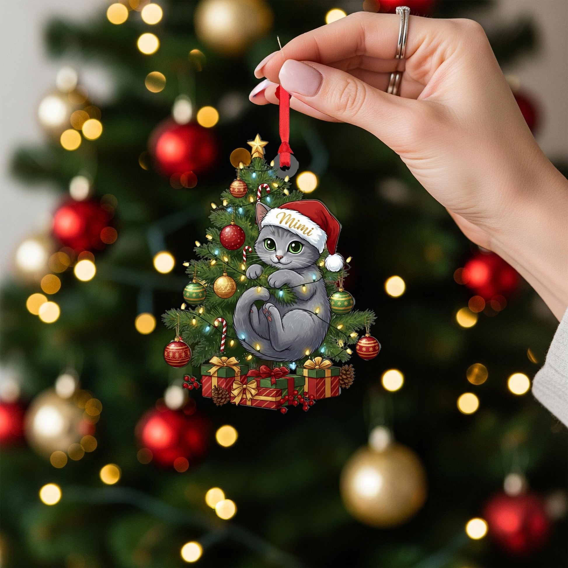 Personalized Cat Christmas Ornament: Santa Hat, Eco-Friendly Wood