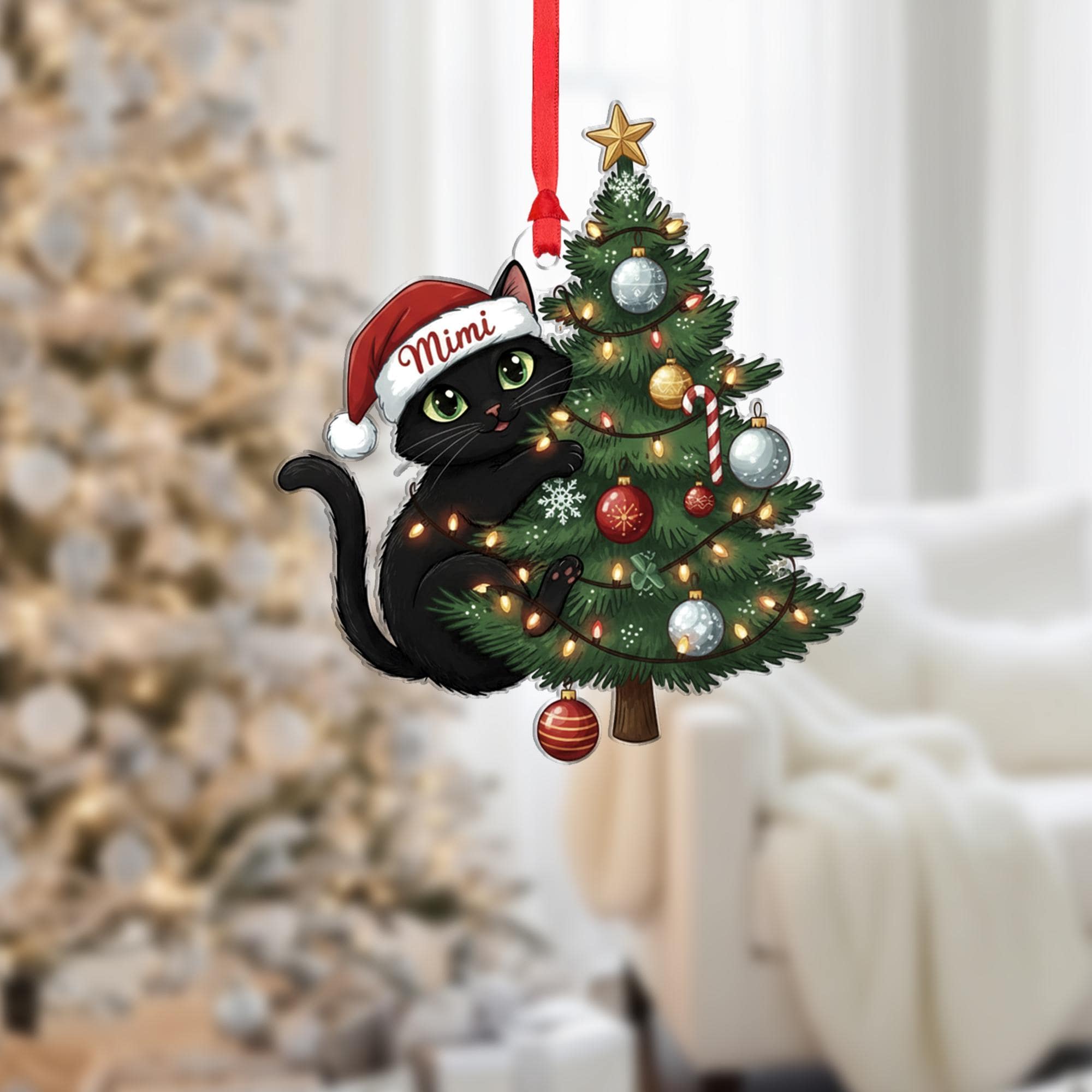 Personalized Black Cat Christmas Ornament: Custom Pet Name Holiday Tree Decoration