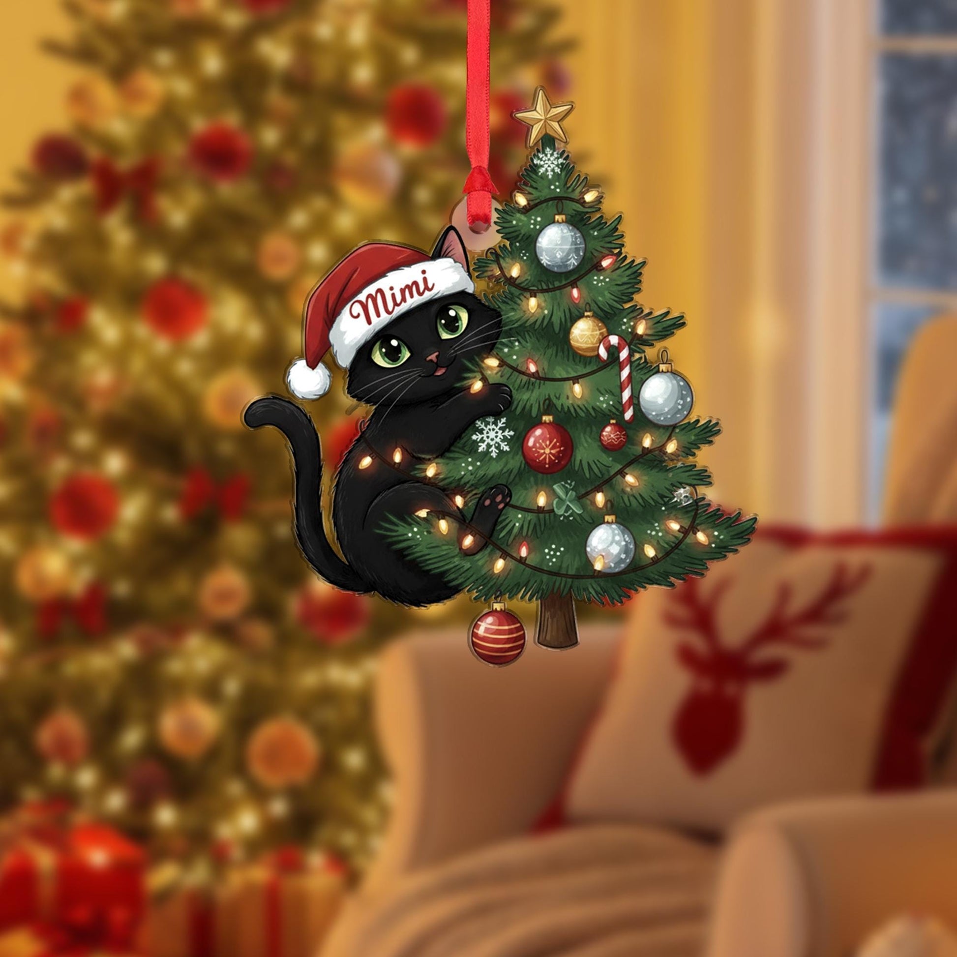 Personalized Black Cat Christmas Ornament: Custom Pet Name Holiday Tree Decoration