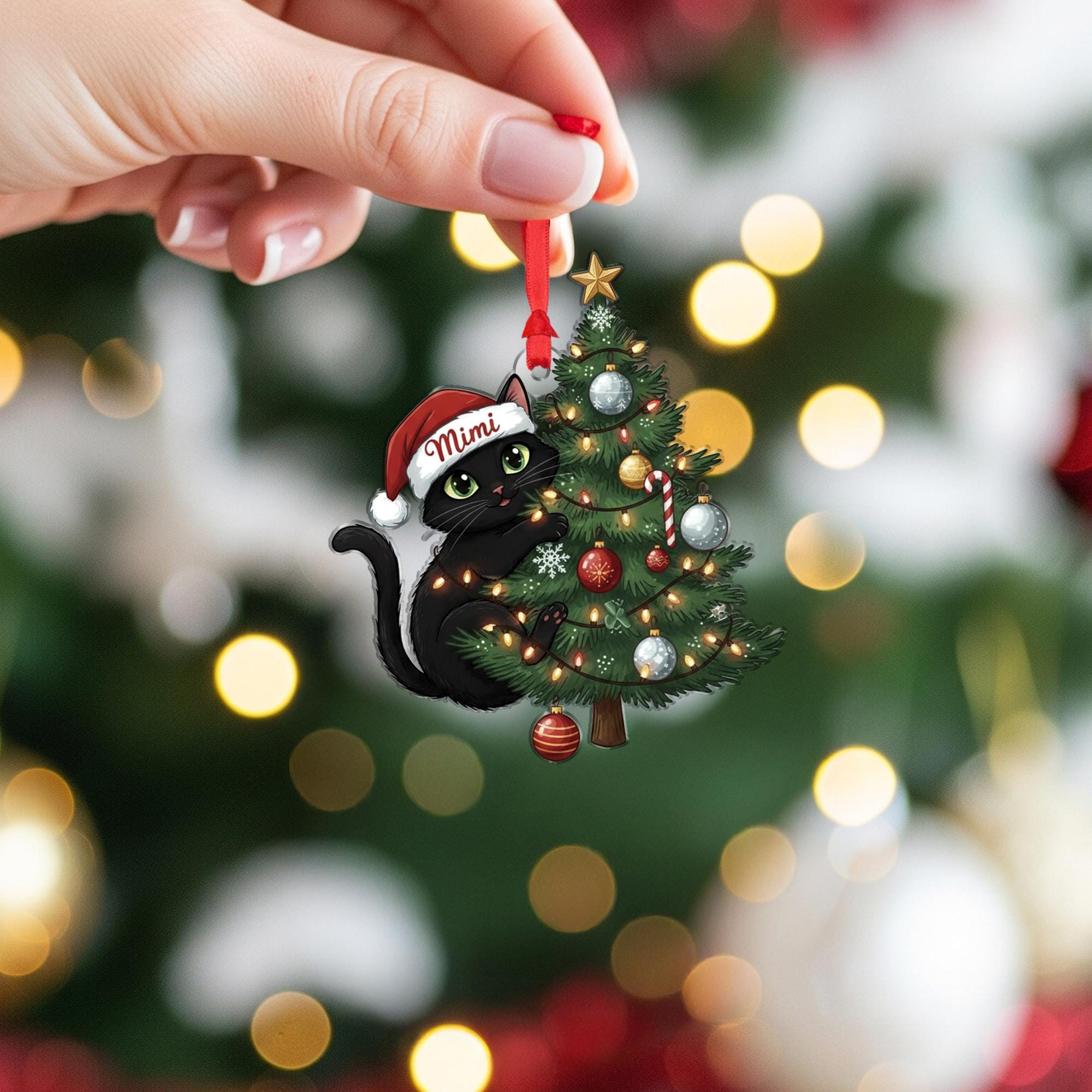 Personalized Black Cat Christmas Ornament: Custom Pet Name Holiday Tree Decoration