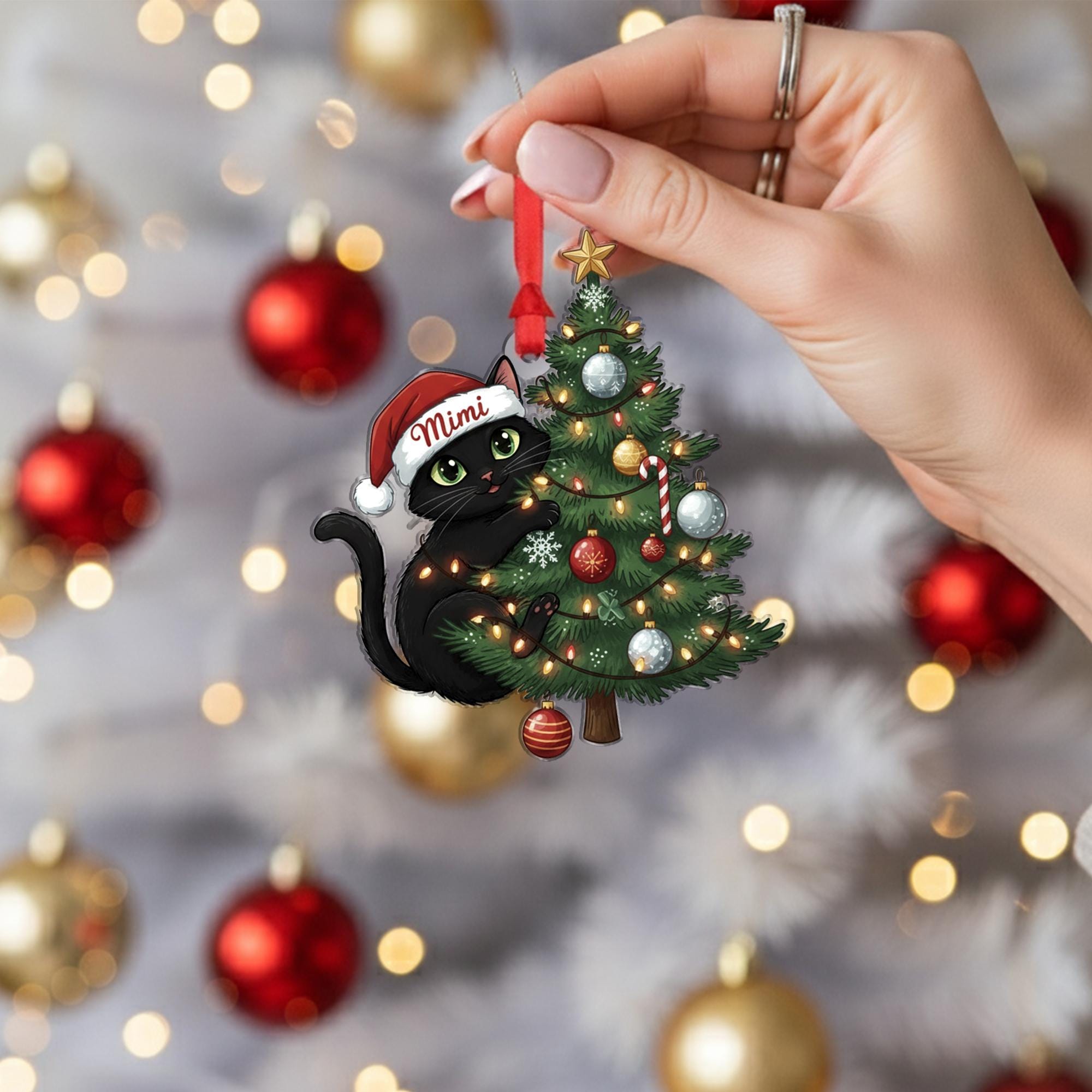 Personalized Black Cat Christmas Ornament: Custom Pet Name Holiday Tree Decoration