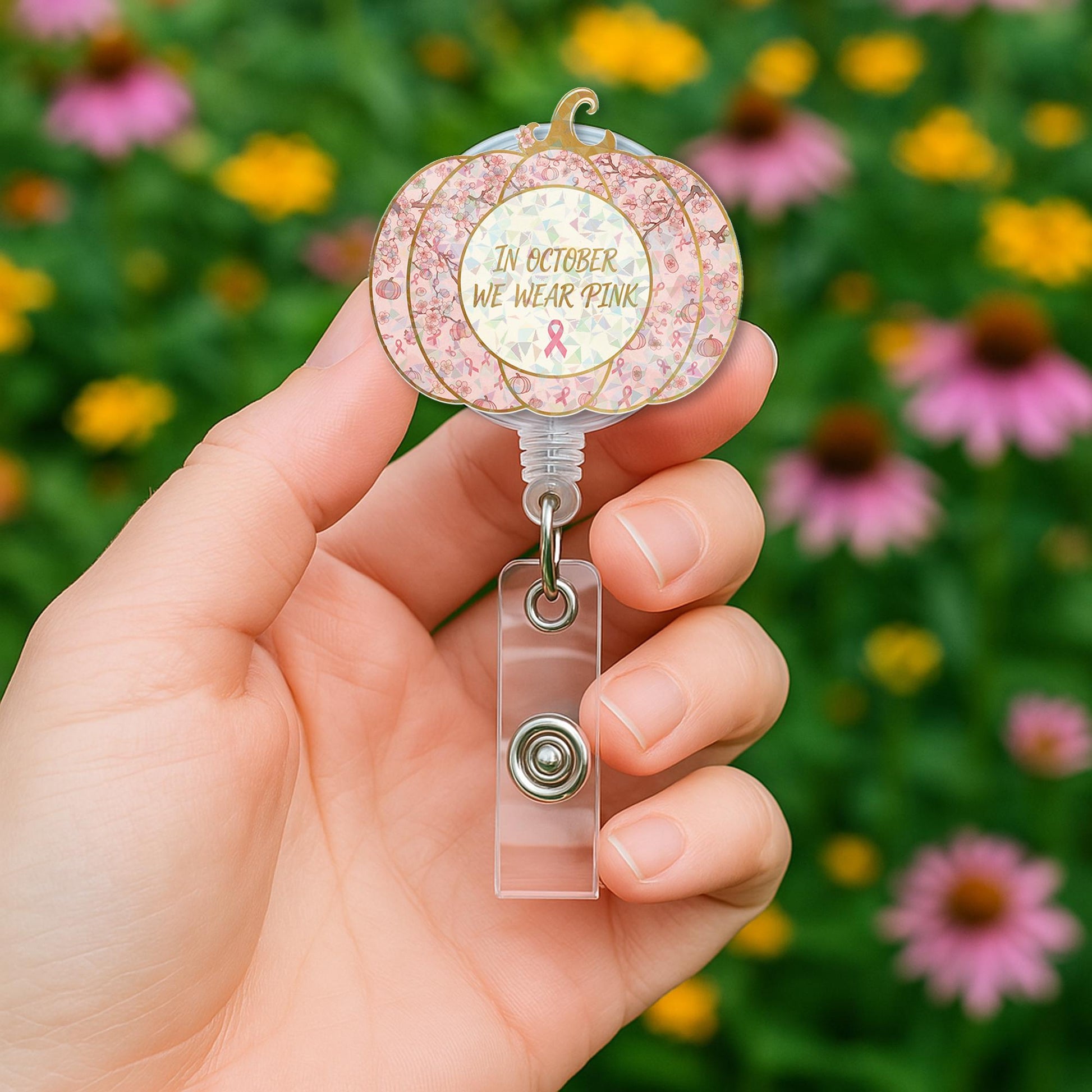 In October We Wear Pink Badge Reel – Breast Cancer Awareness Holographic ID Holder
