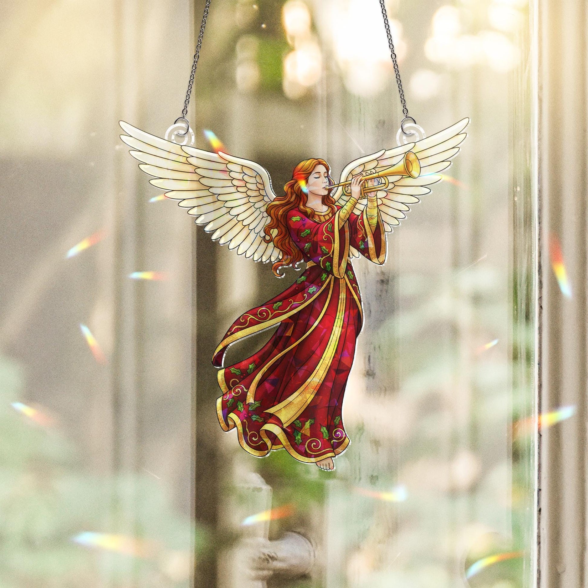 Holographic Acrylic Suncatcher: Window Prism Light Catcher – Angel Design, Color-Shifting, Dangling Decor