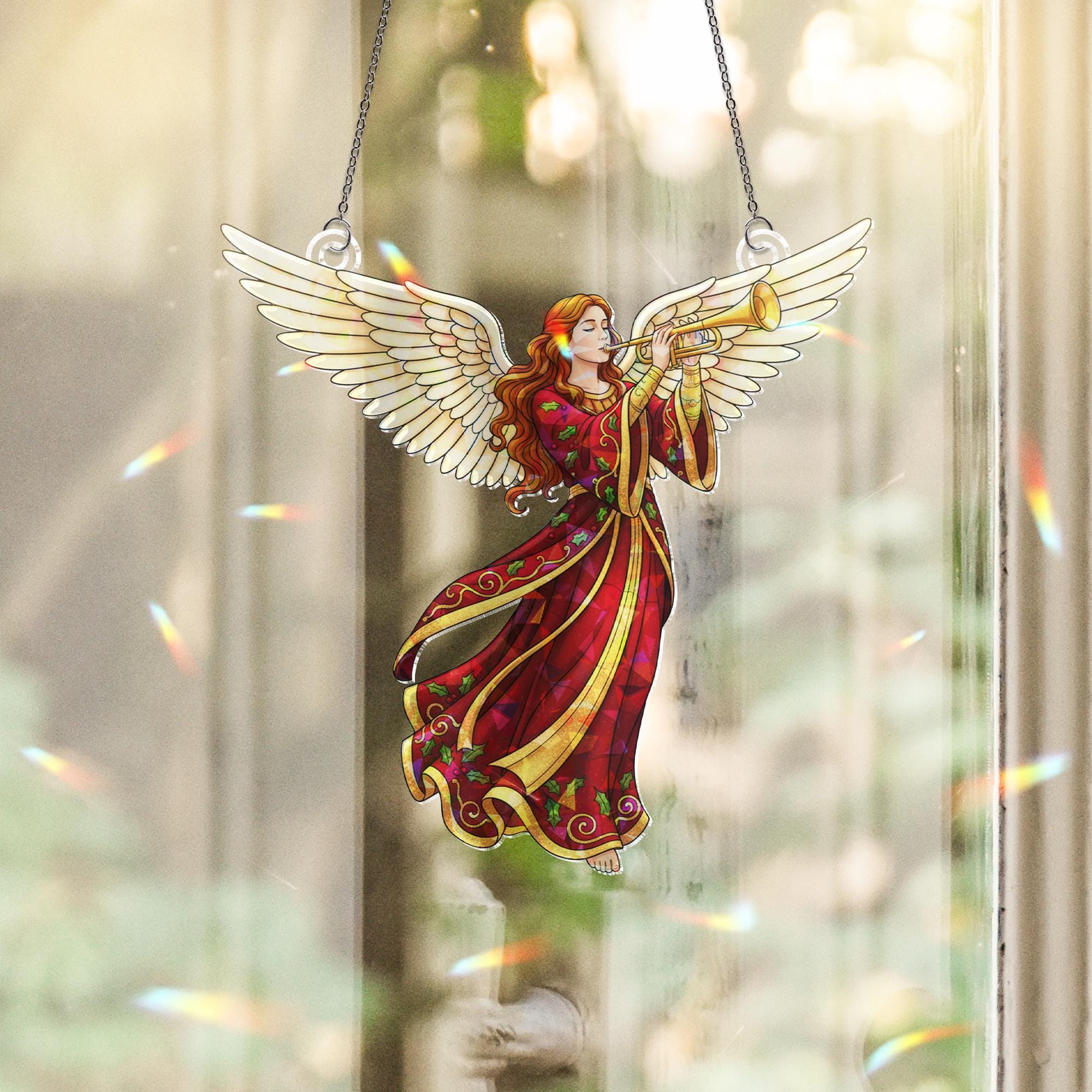 Holographic Acrylic Suncatcher: Window Prism Light Catcher – Angel Design, Color-Shifting, Dangling Decor