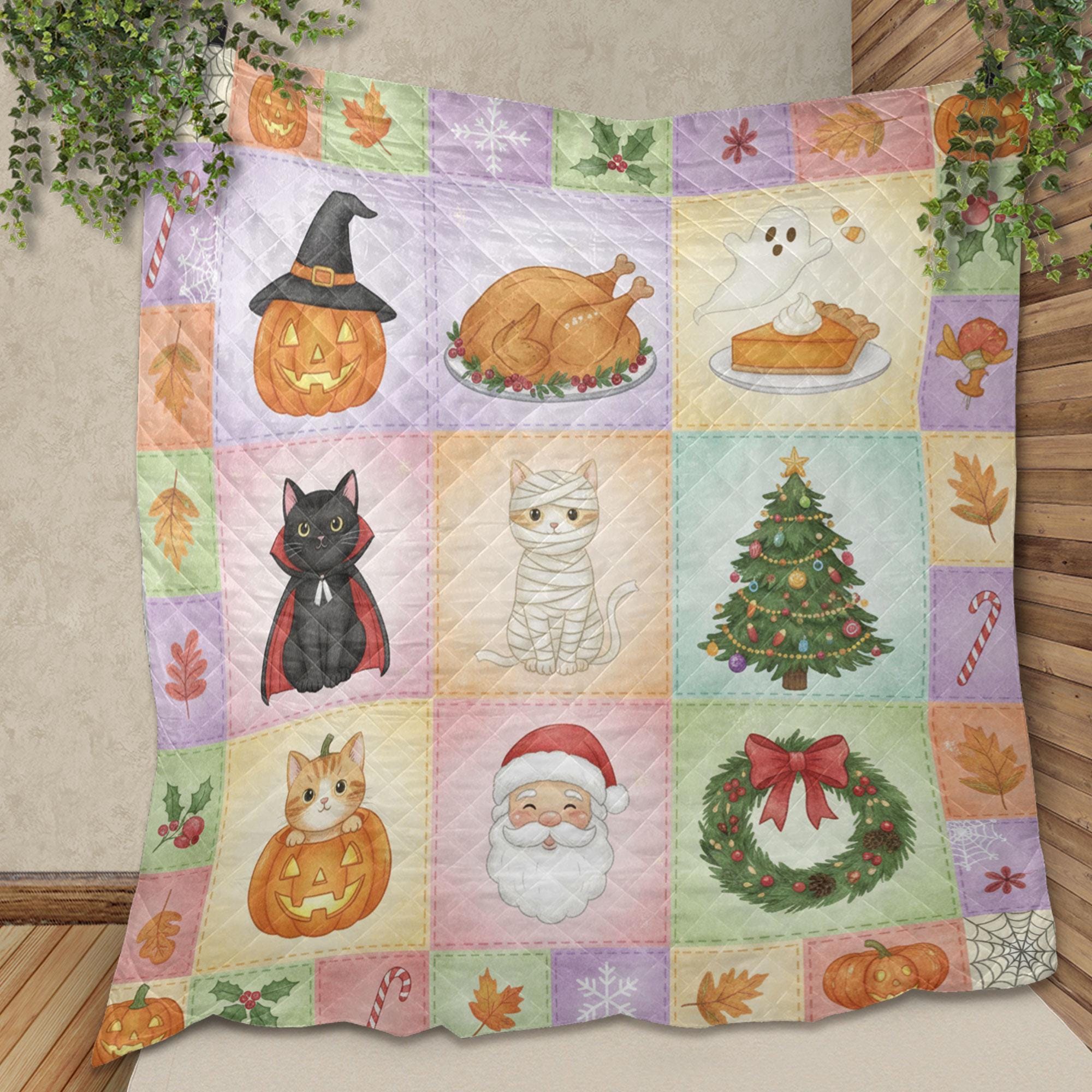 Halloween Cat Quilt Blanket – Patchwork Throw, Printed Blocks, Pastel, Santa & Pumpkin