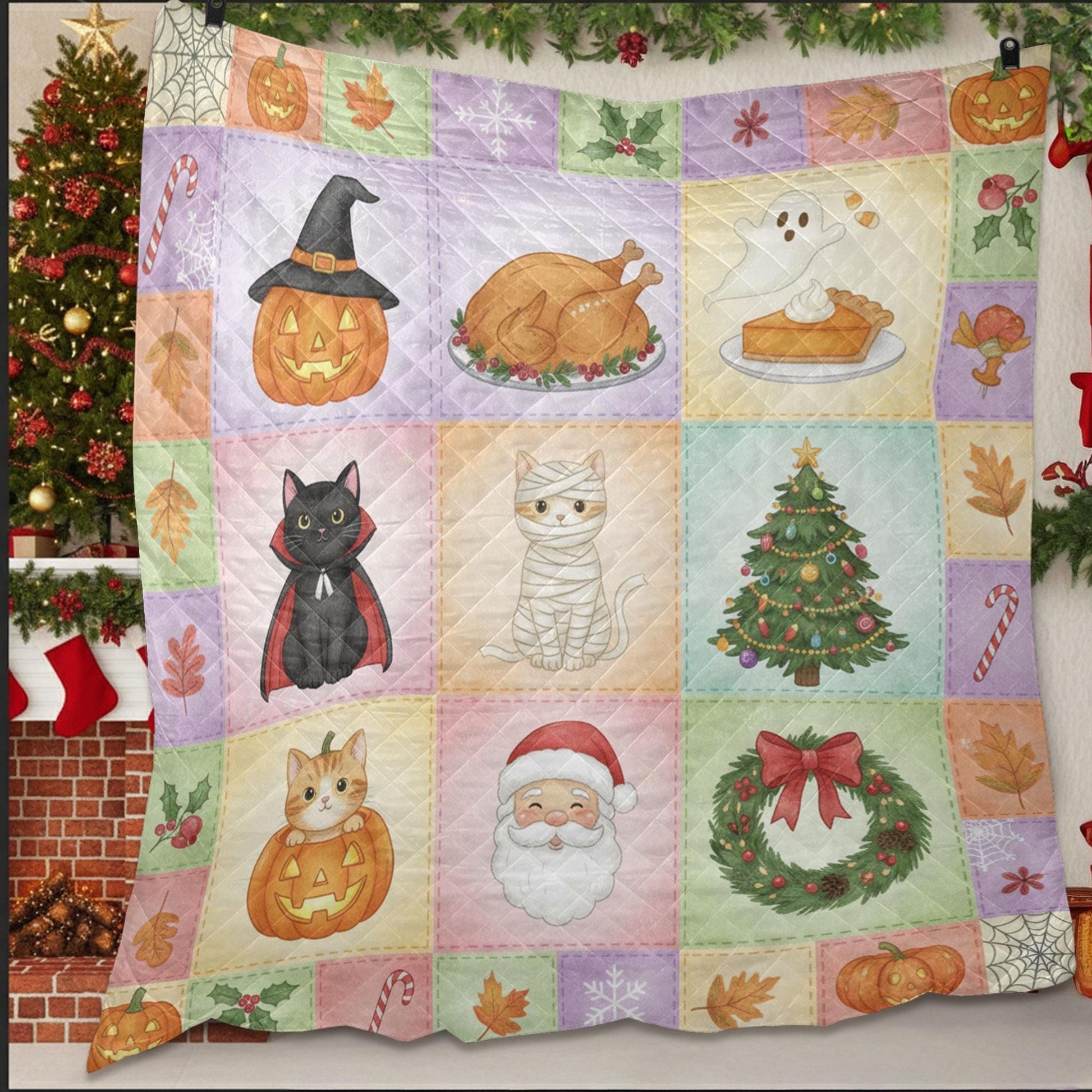 Halloween Cat Quilt Blanket – Patchwork Throw, Printed Blocks, Pastel, Santa & Pumpkin