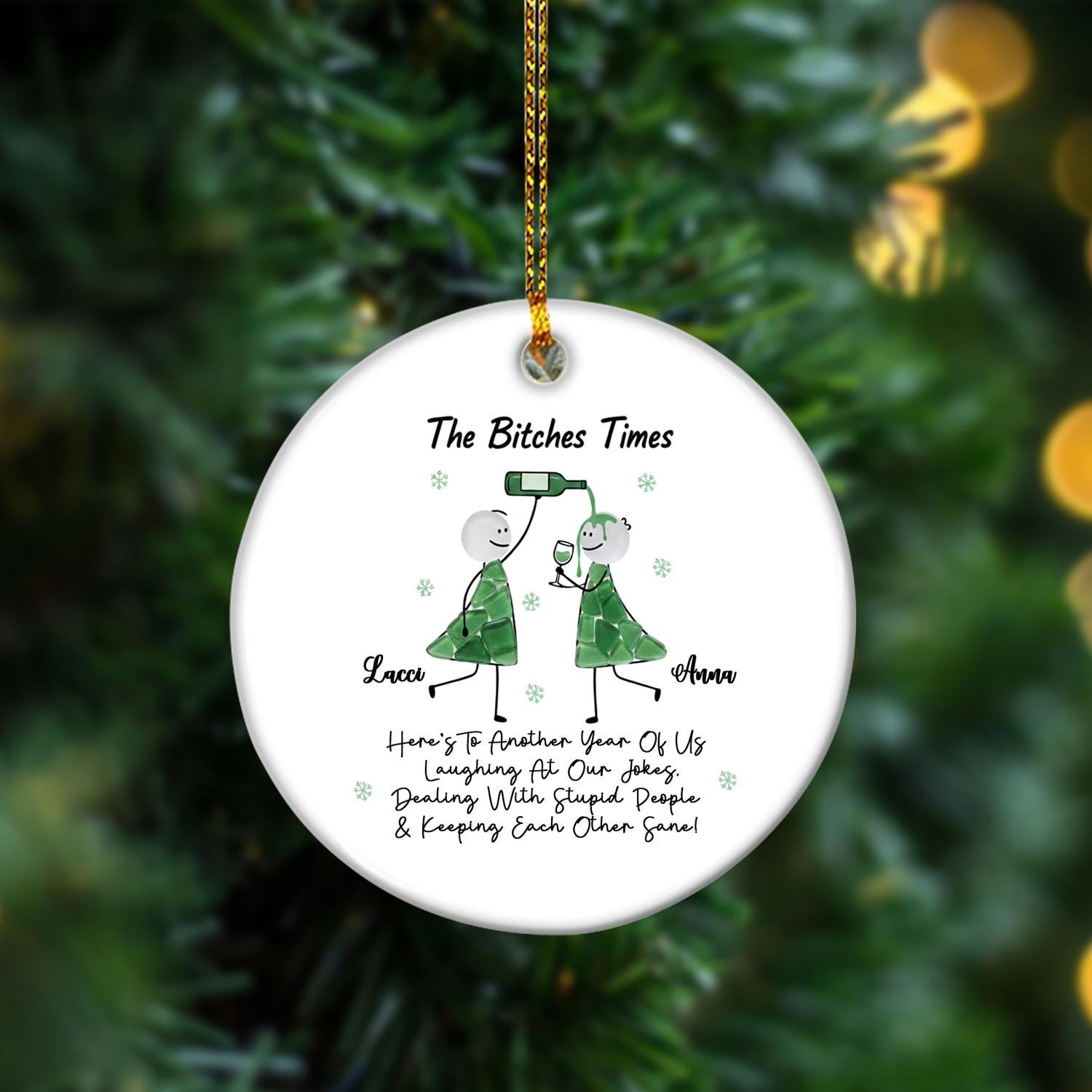 Personalized Ceramic Ornament – Funny Stick Figure Friends Drinking Design, Christmas Tree Decoration