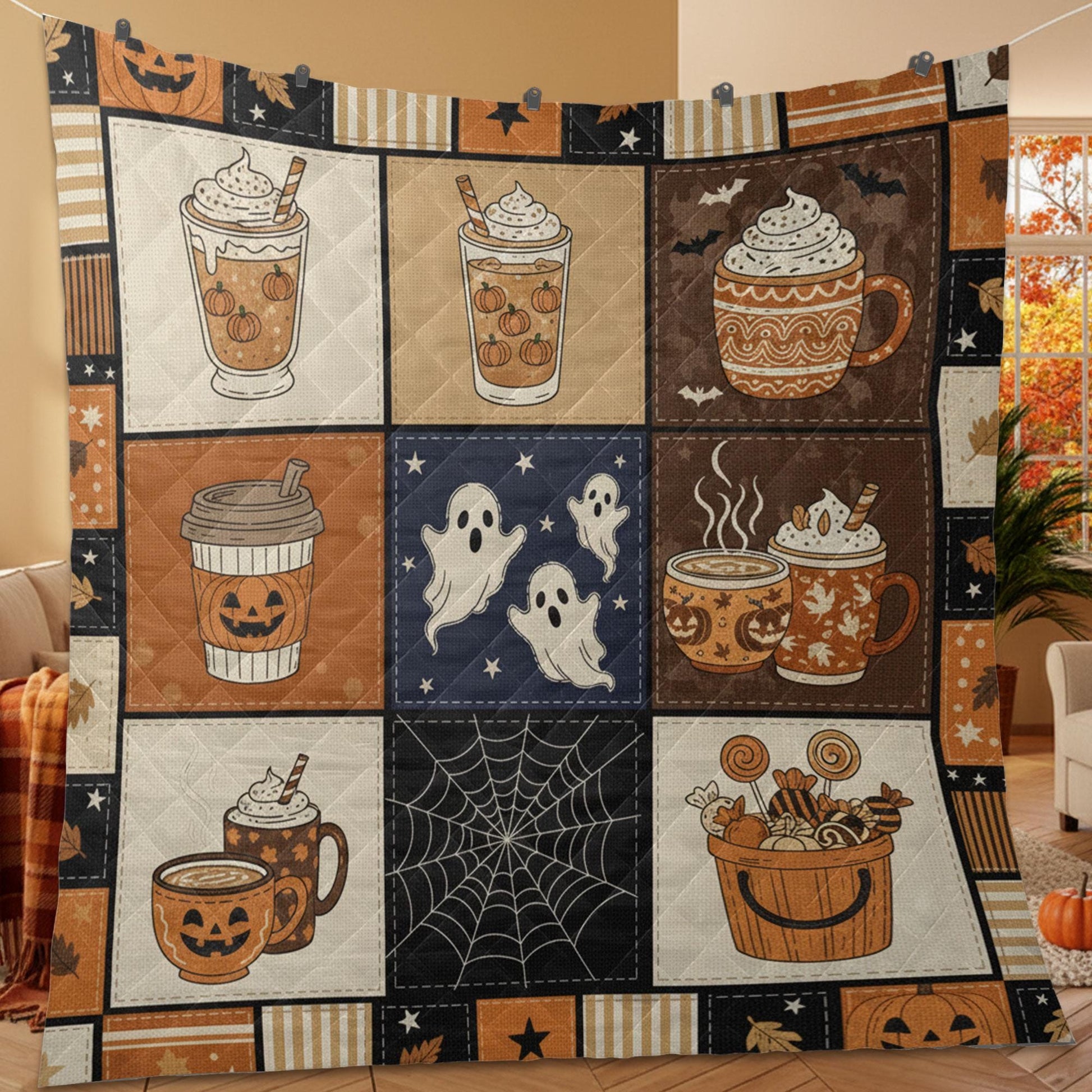 Halloween Coffee Quilt Blanket – Patchwork Throw, Pumpkin Mugs & Ghosts, Printed