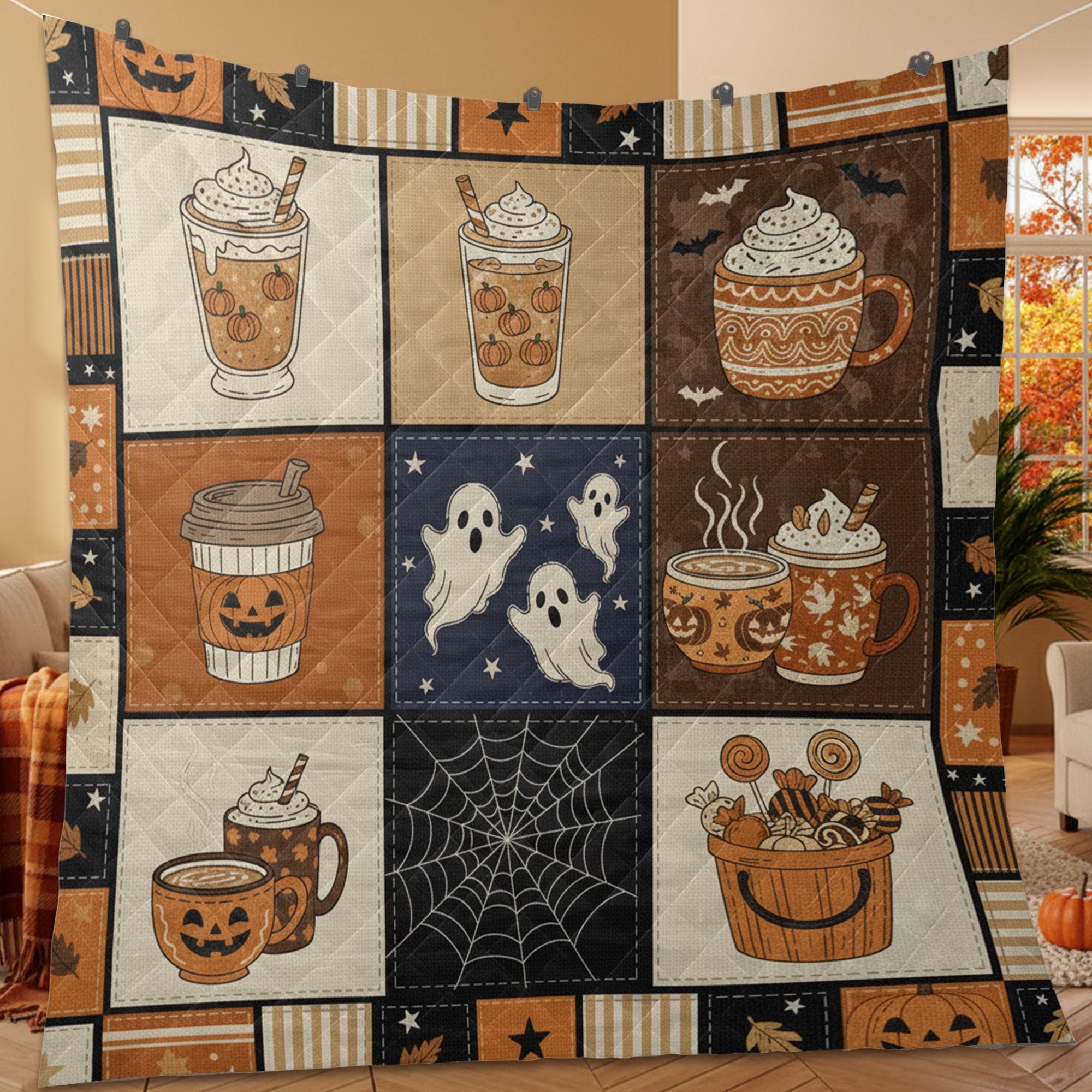 Halloween Coffee Quilt Blanket – Patchwork Throw, Pumpkin Mugs & Ghosts, Printed