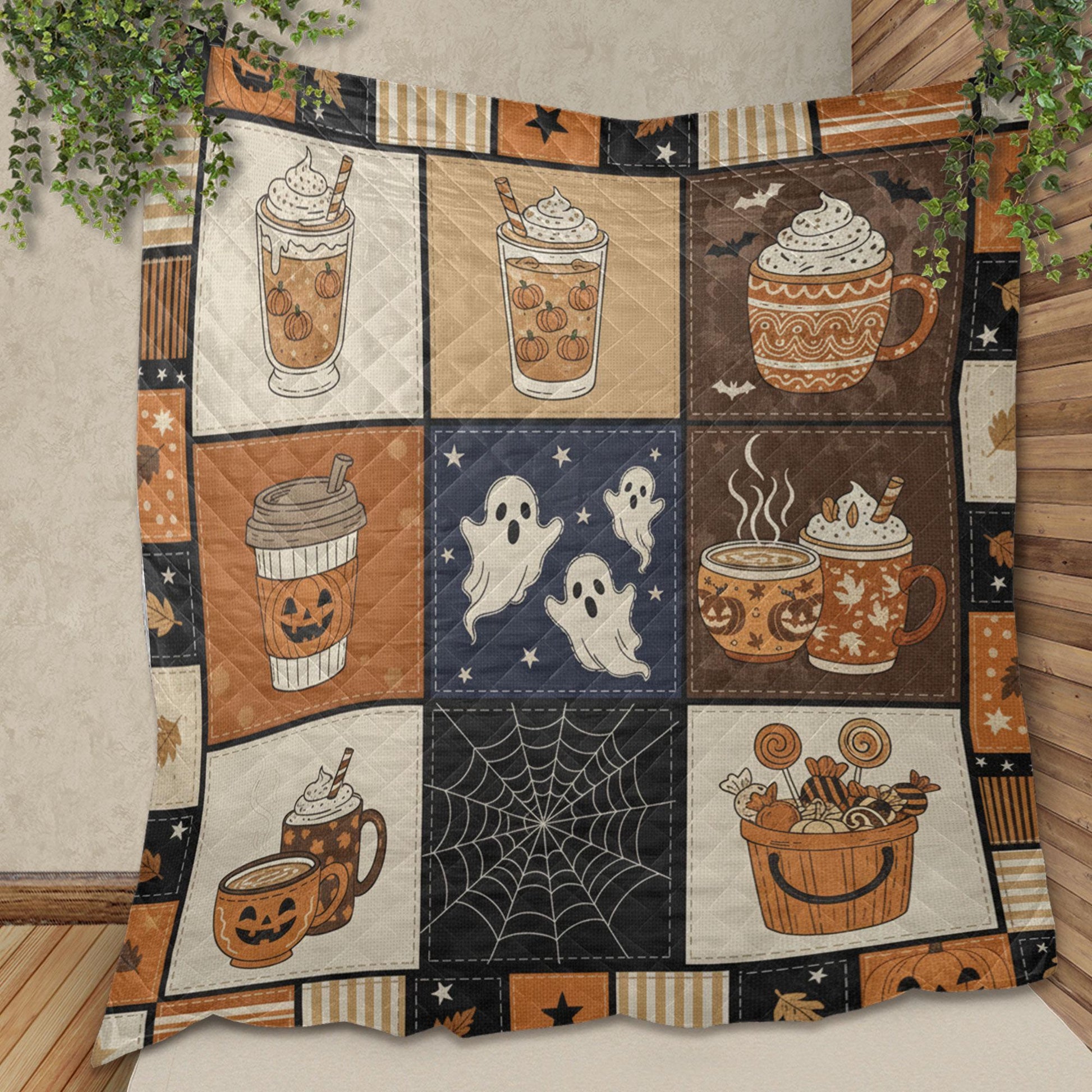 Halloween Coffee Quilt Blanket – Patchwork Throw, Pumpkin Mugs & Ghosts, Printed