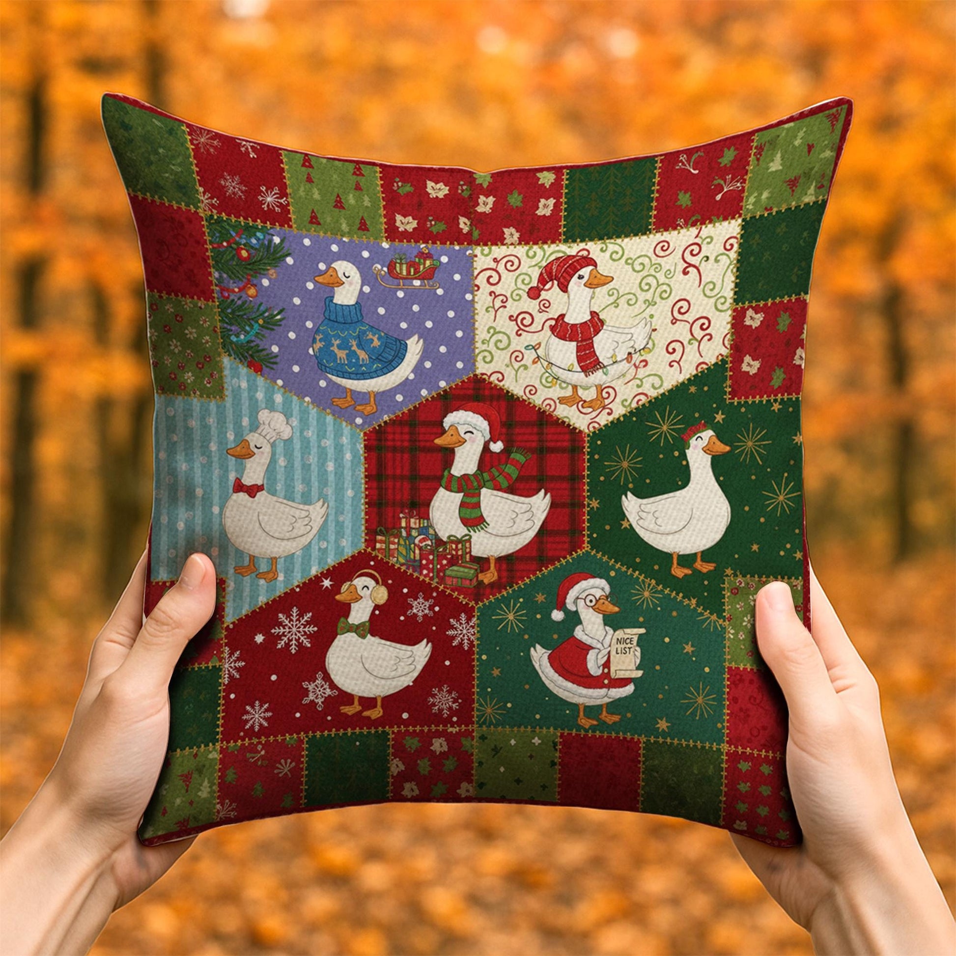 Christmas Goose Pillow – Farmhouse Holiday Cushion with Festive Winter Goose Design