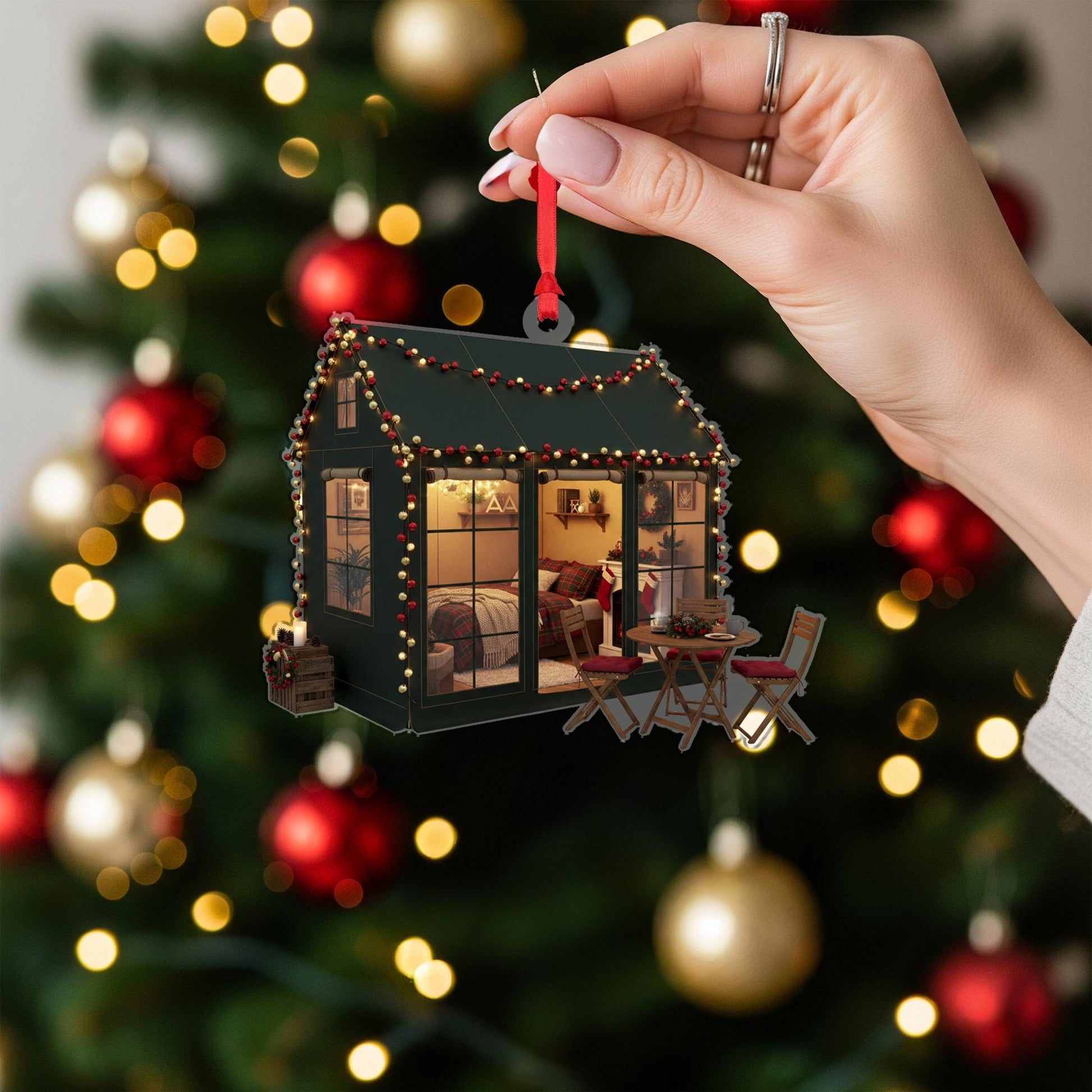 Tiny House Christmas Ornament: Rustic Winter Lodge Ornament