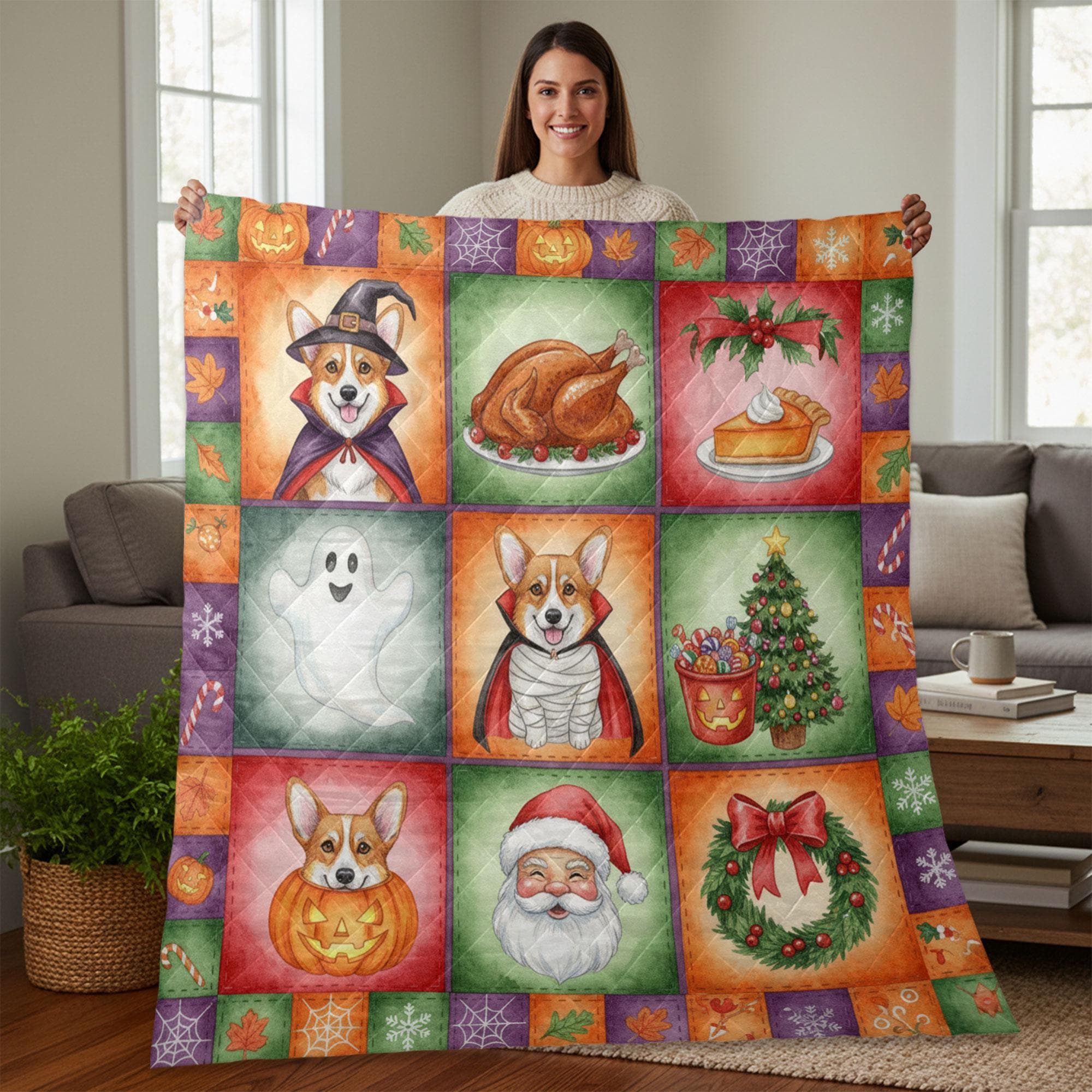 Corgi Halloween Quilt Blanket – Patchwork Throw, Printed Blocks, Santa & Pumpkin