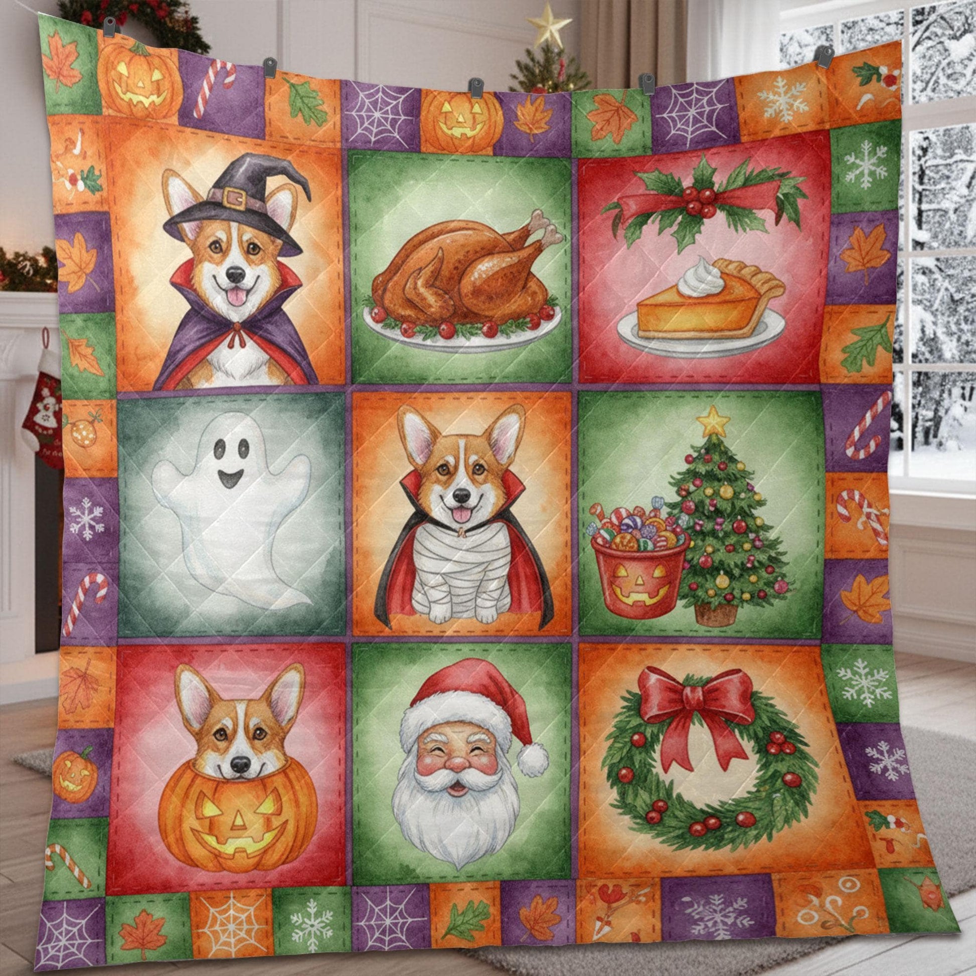 Corgi Halloween Quilt Blanket – Patchwork Throw, Printed Blocks, Santa & Pumpkin