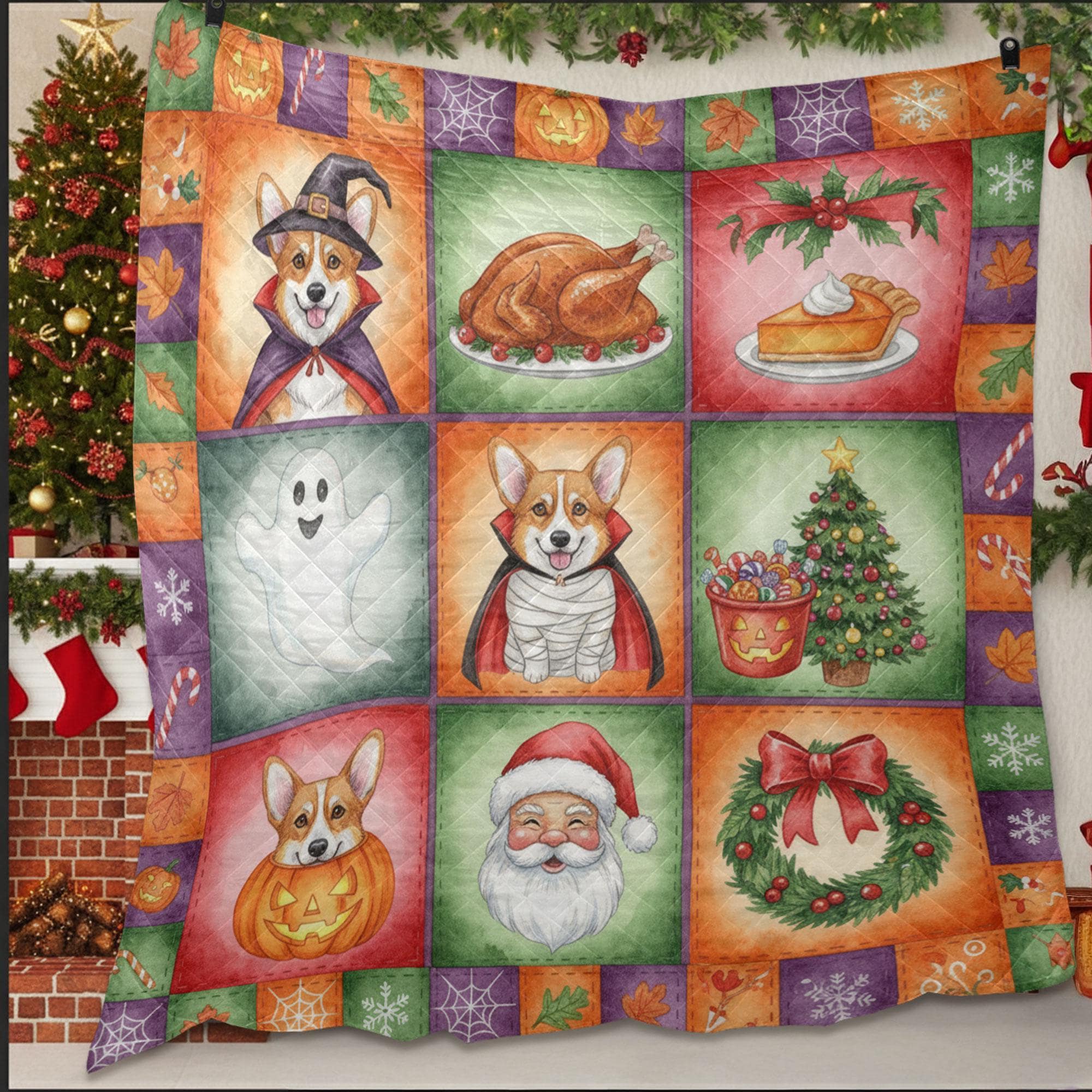 Corgi Halloween Quilt Blanket – Patchwork Throw, Printed Blocks, Santa & Pumpkin