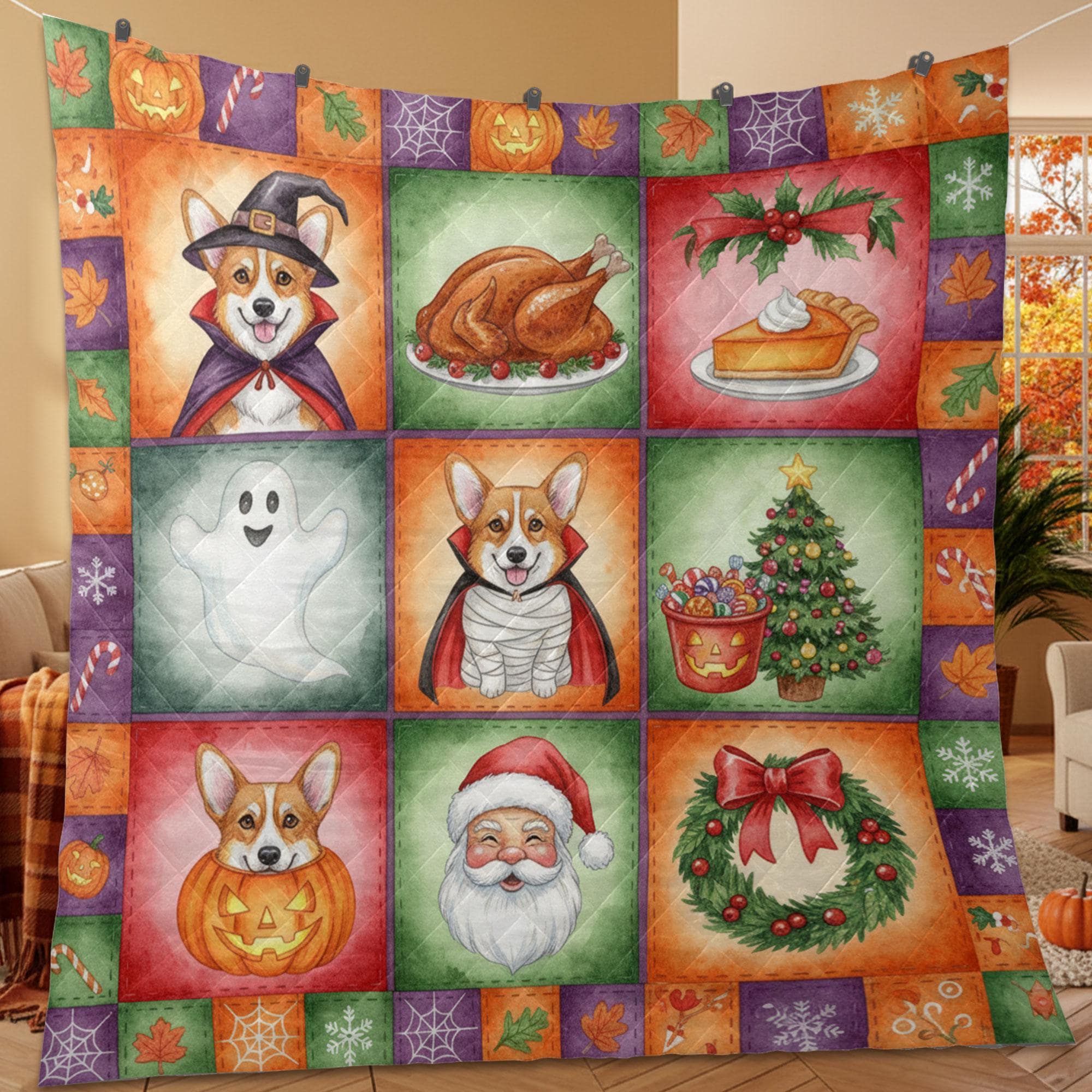 Corgi Halloween Quilt Blanket – Patchwork Throw, Printed Blocks, Santa & Pumpkin