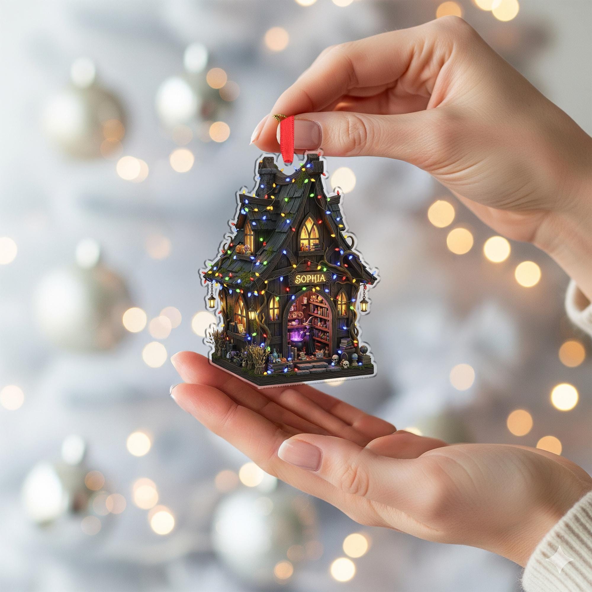 Personalized Witch House Ornament – Custom Haunted Cottage Christmas Tree Decoration with Name
