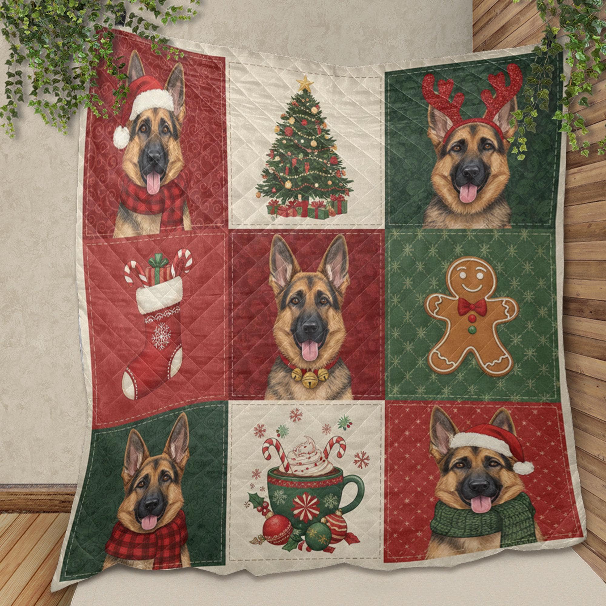 German Shepherd Christmas Quilt Blanket – Patchwork Throw, Printed Dog Panels