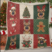 German Shepherd Christmas Quilt Blanket – Patchwork Throw, Printed Dog Panels