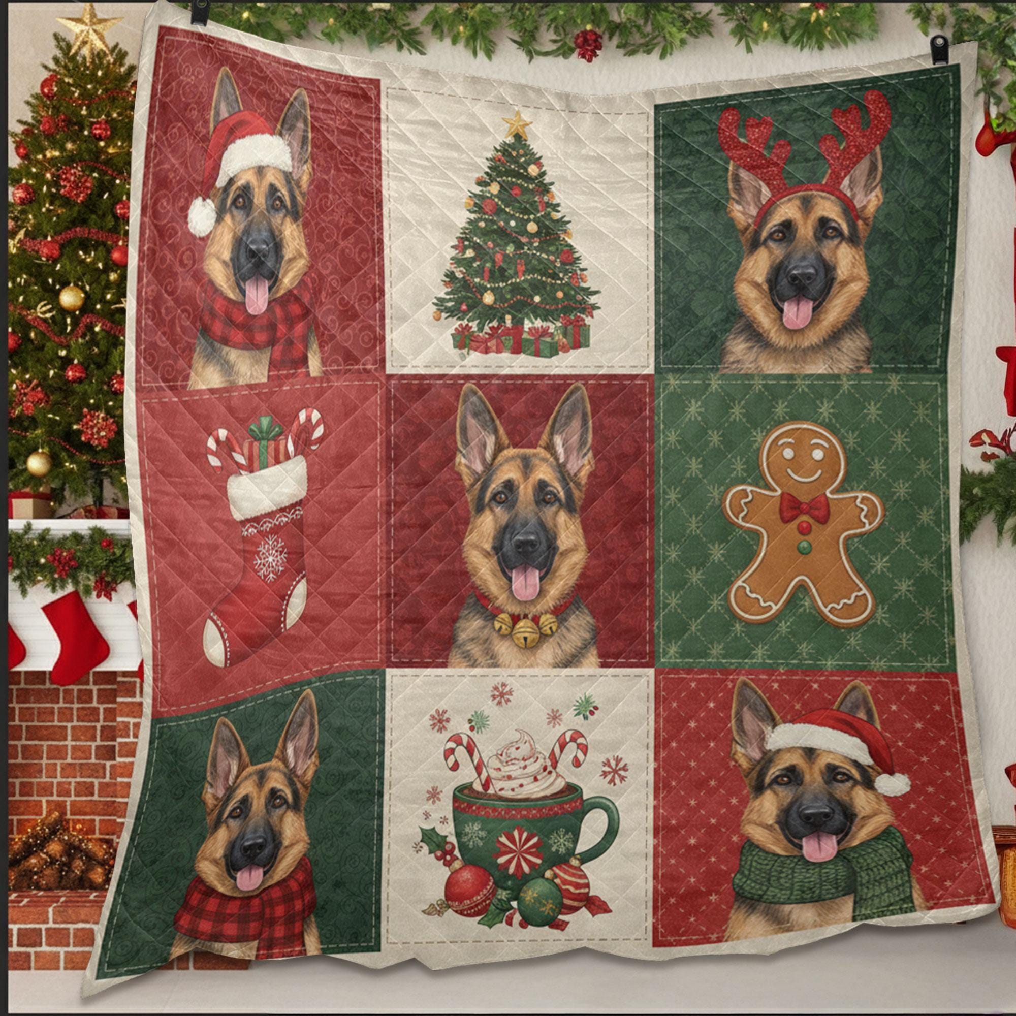 German Shepherd Christmas Quilt Blanket – Patchwork Throw, Printed Dog Panels