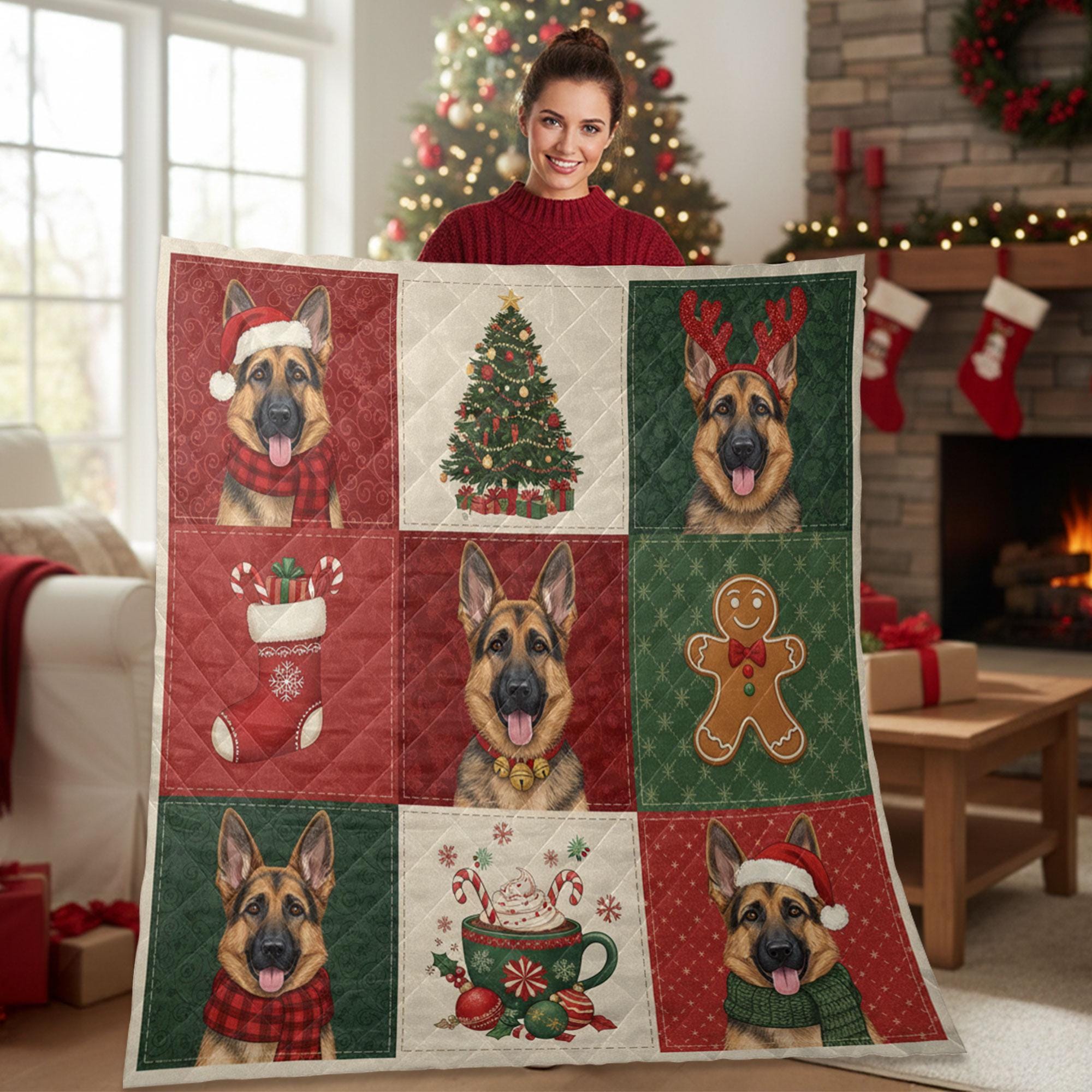 German Shepherd Christmas Quilt Blanket – Patchwork Throw, Printed Dog Panels