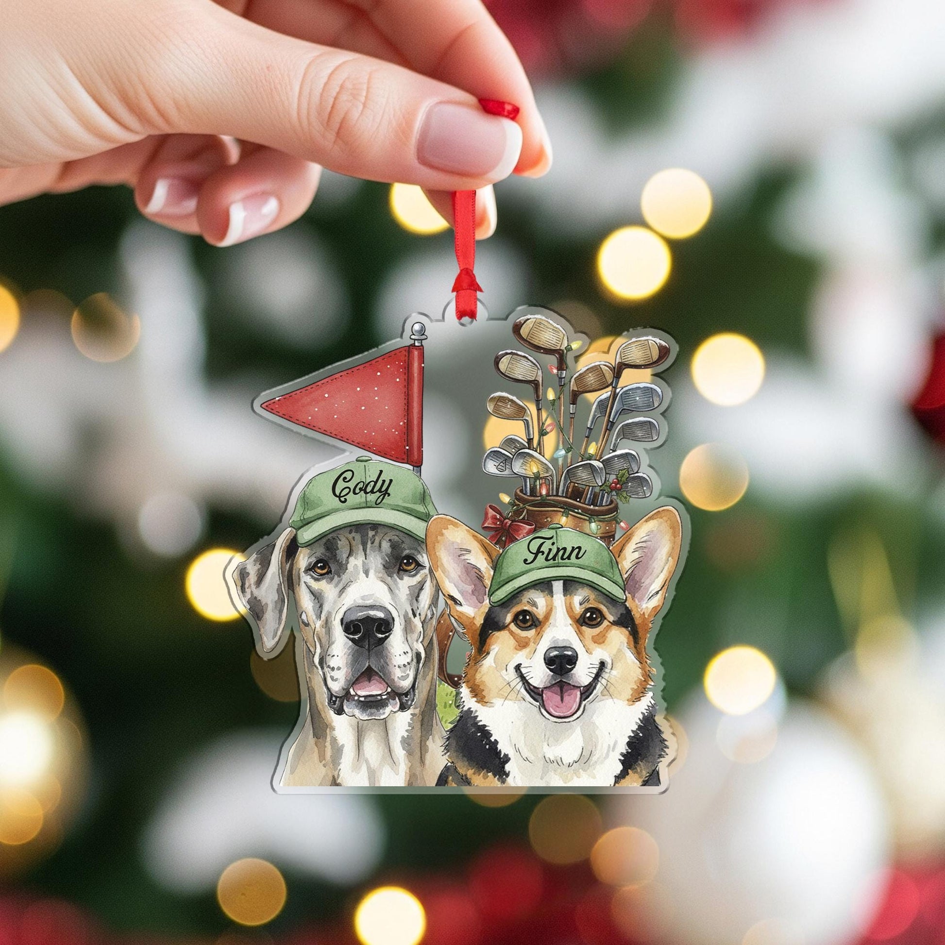 Personalized Dog Golf Ornament, Great Dane Corgi Christmas Tree Decoration, Custom Pet Name Holiday Gift, Golf Lover Dog Ornament