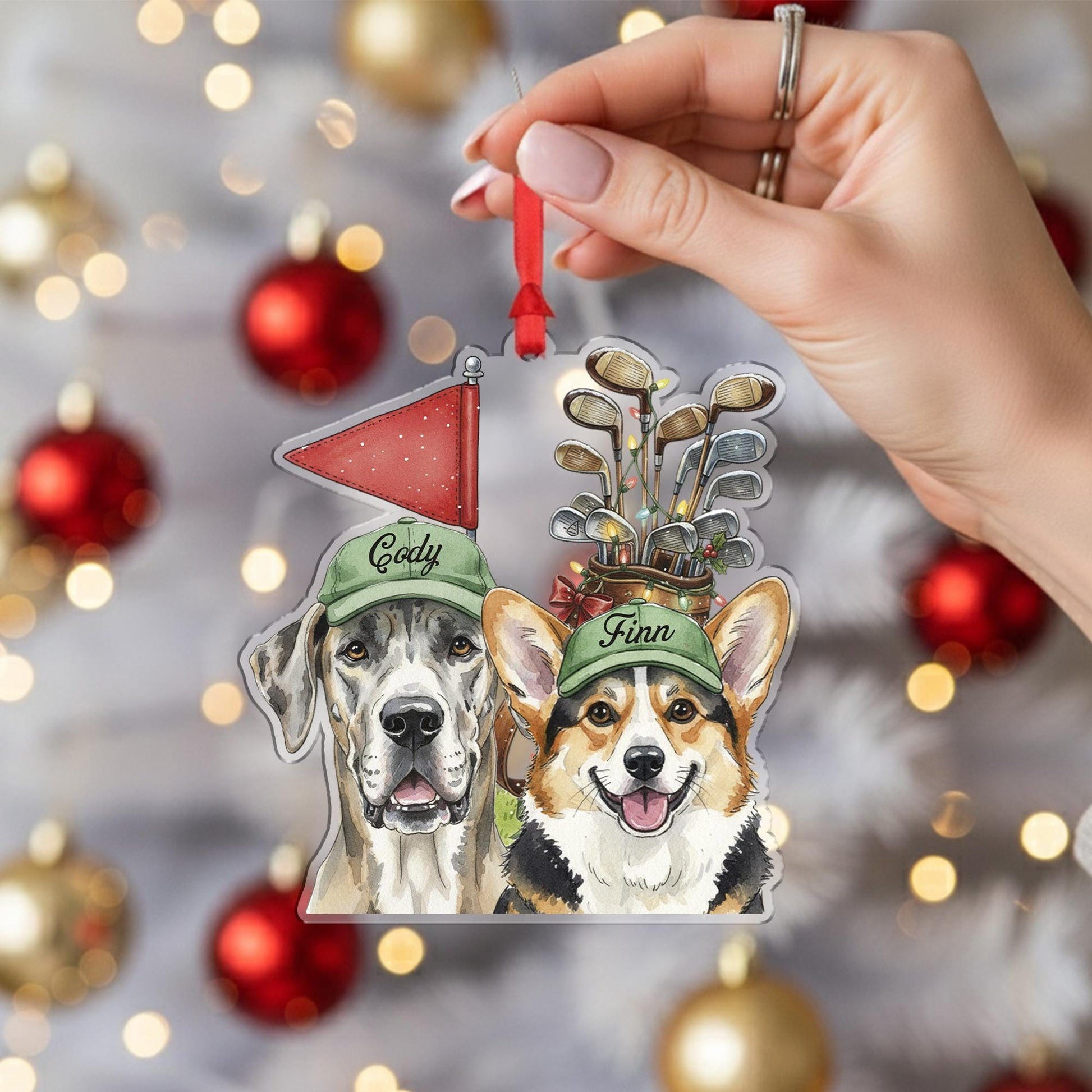 Personalized Dog Golf Ornament, Great Dane Corgi Christmas Tree Decoration, Custom Pet Name Holiday Gift, Golf Lover Dog Ornament