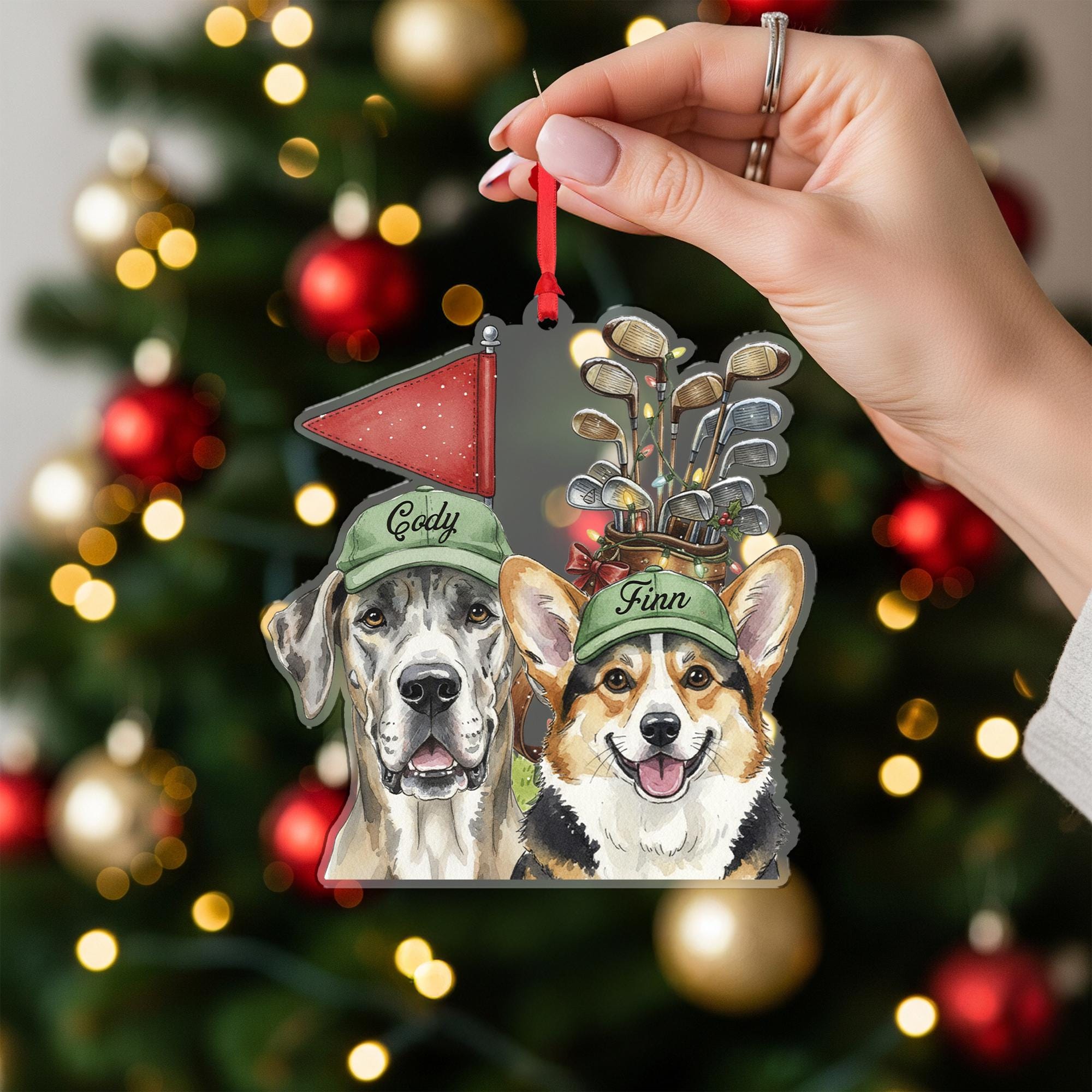 Personalized Dog Golf Ornament, Great Dane Corgi Christmas Tree Decoration, Custom Pet Name Holiday Gift, Golf Lover Dog Ornament