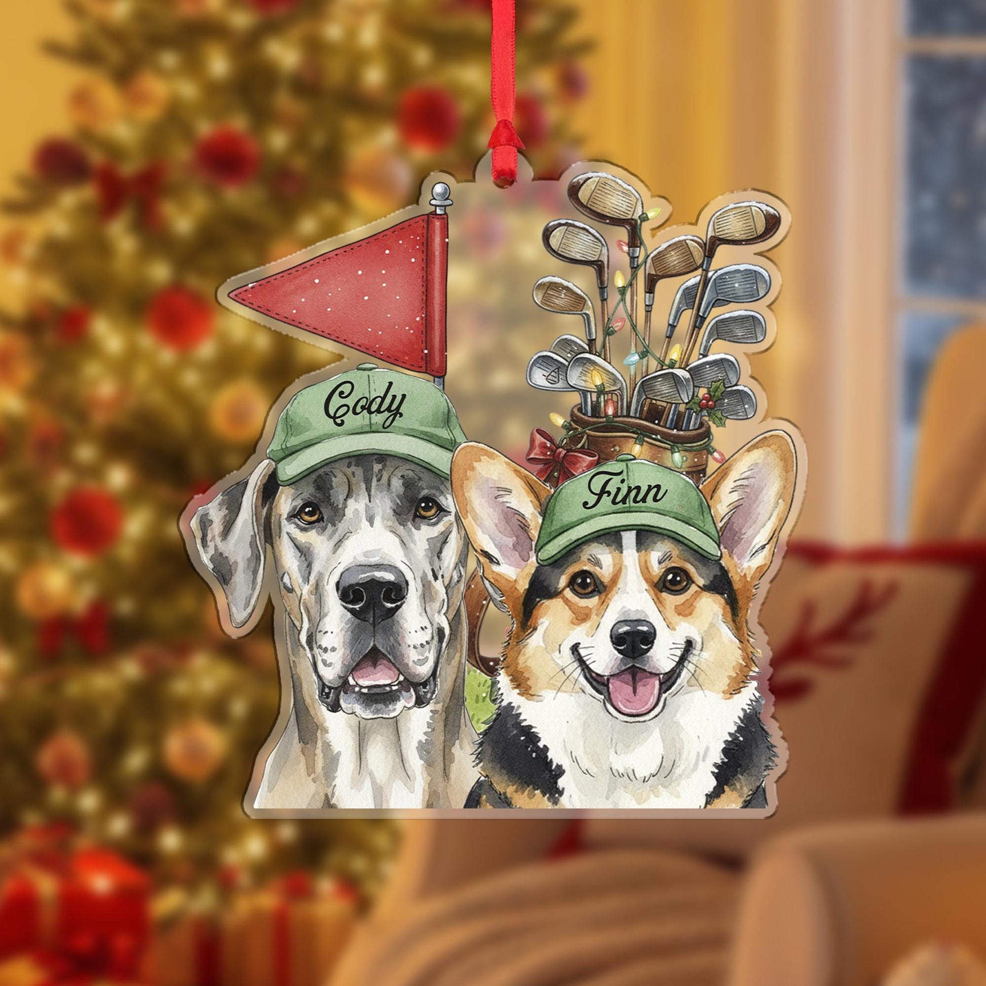 Personalized Dog Golf Ornament, Great Dane Corgi Christmas Tree Decoration, Custom Pet Name Holiday Gift, Golf Lover Dog Ornament