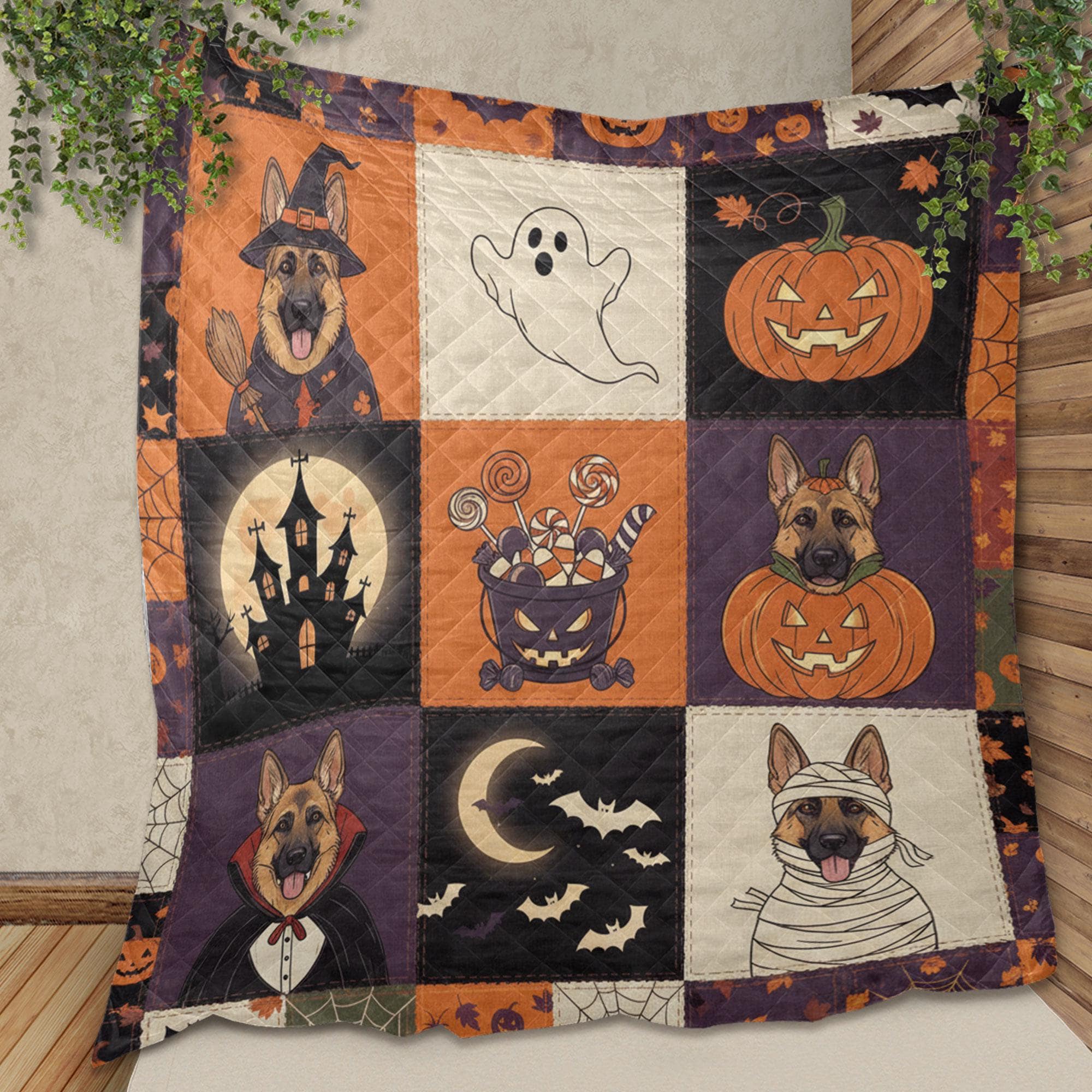German Shepherd Halloween Quilt Blanket – Patchwork Throw, Printed Dog Panels, Pumpkins & Ghosts