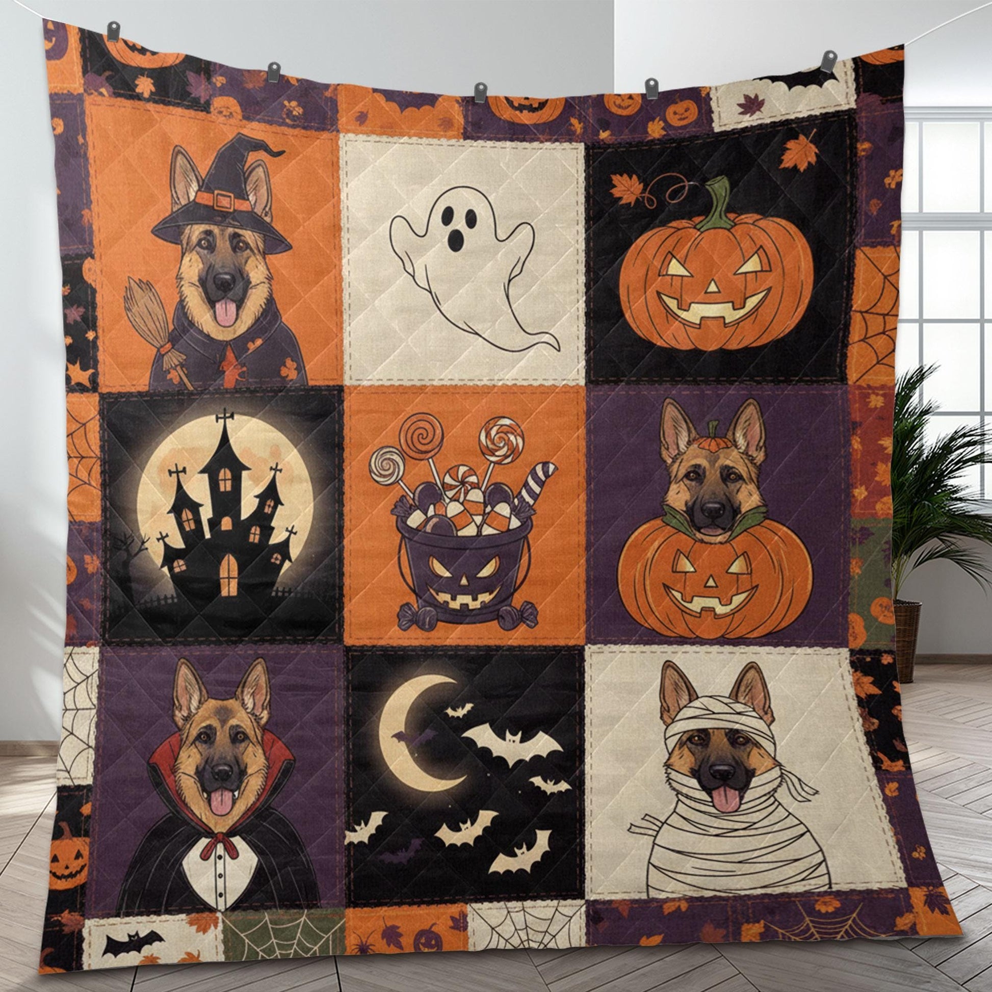 German Shepherd Halloween Quilt Blanket – Patchwork Throw, Printed Dog Panels, Pumpkins & Ghosts
