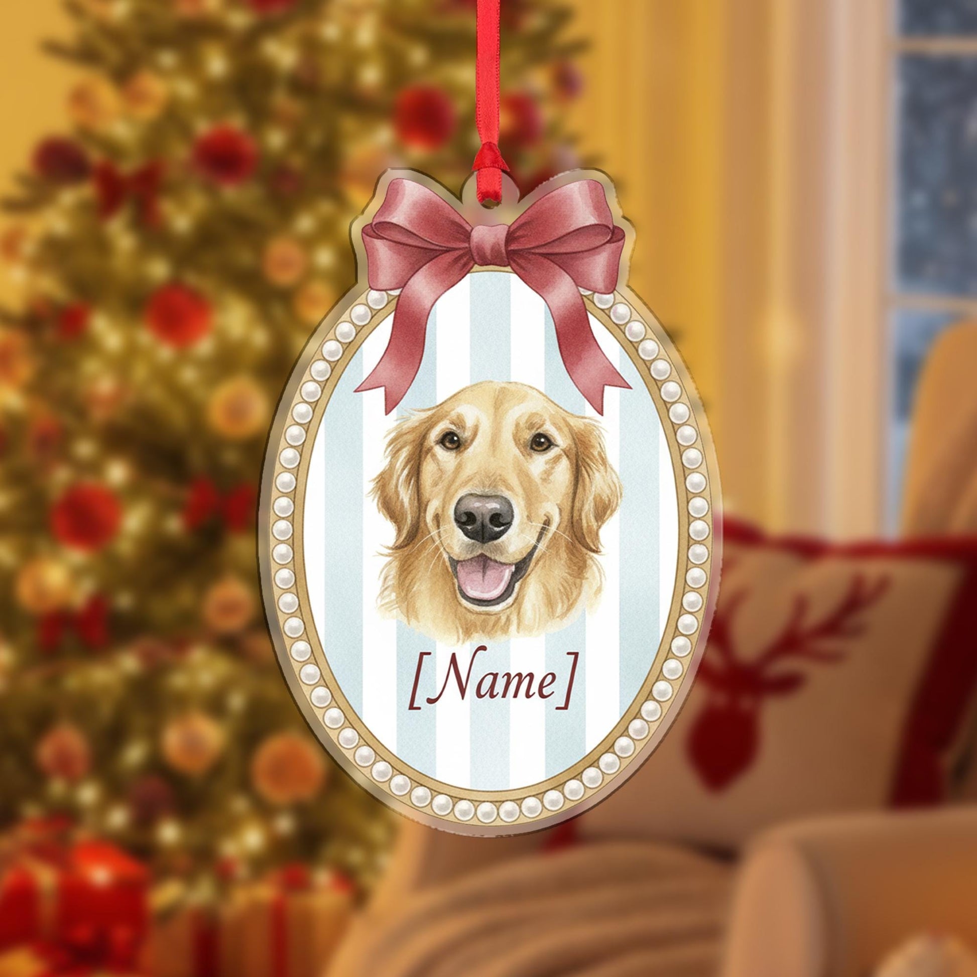 Personalized Dog Ornament Golden Retriever – Custom Pet Name, Oval Portrait with Bow