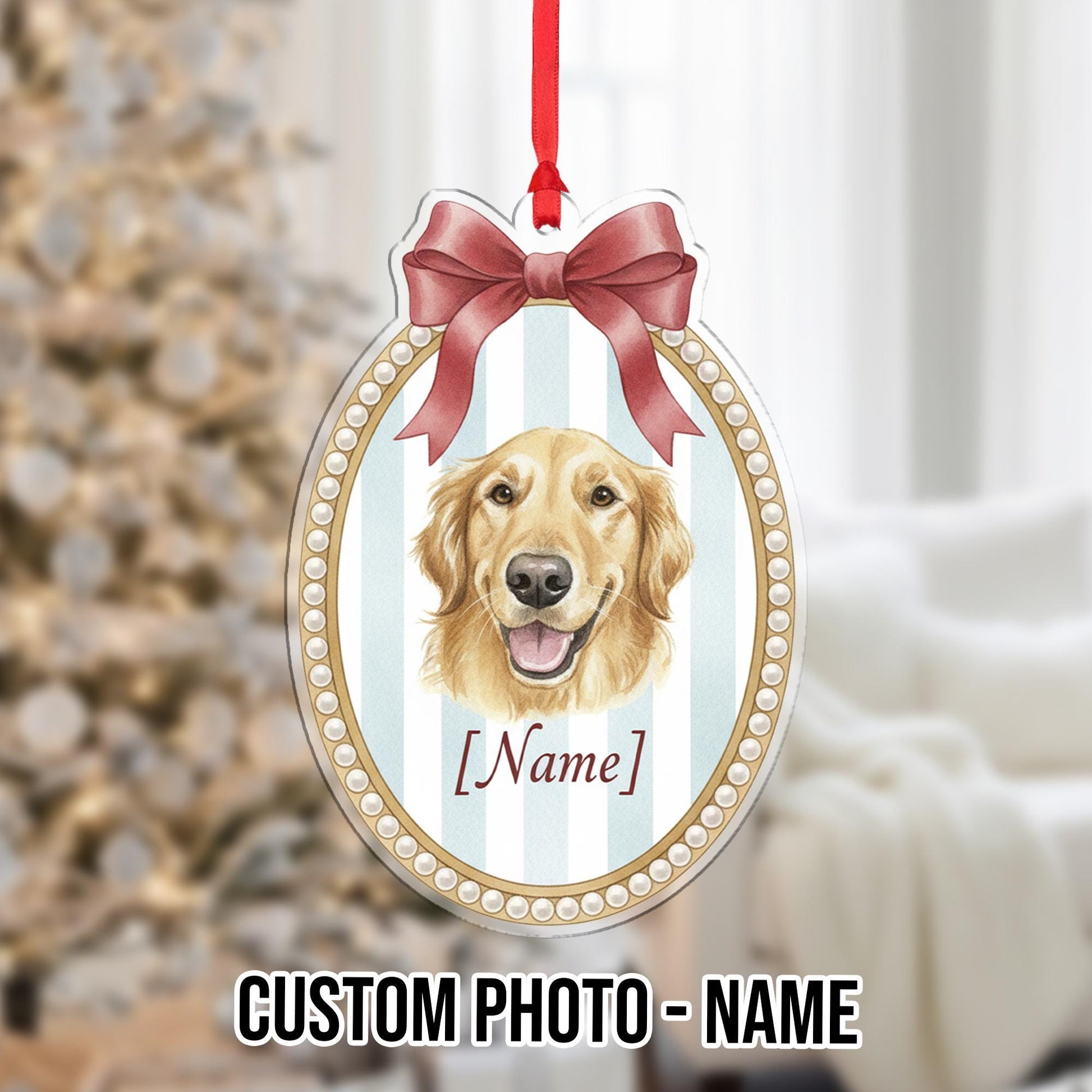 Personalized Dog Ornament Golden Retriever – Custom Pet Name, Oval Portrait with Bow